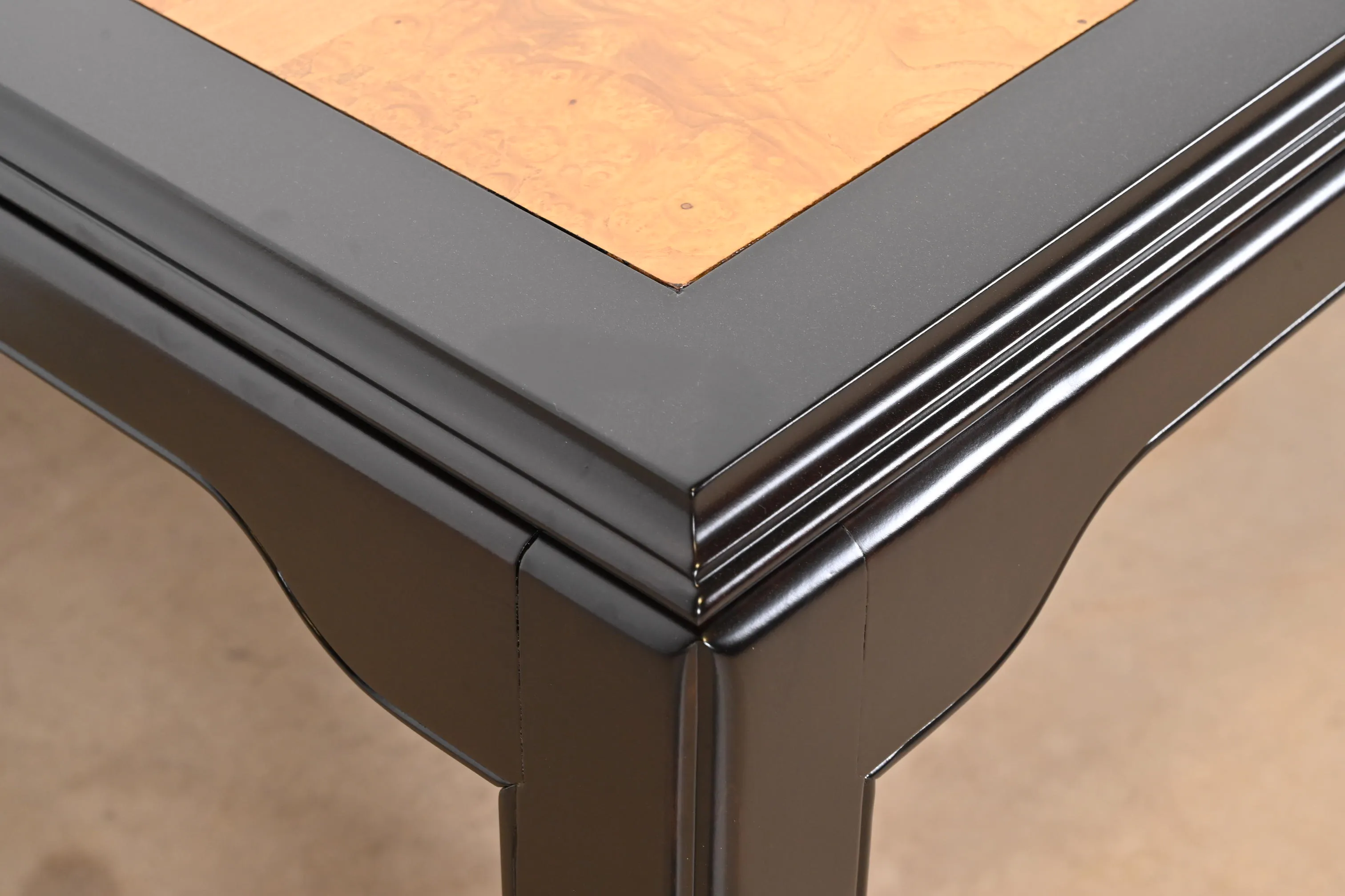 Raymond Sobota for Century Furniture Hollywood Regency Chinoiserie Burl Wood and Black Lacquer Extension Dining Table, Newly Refinished - Image 10