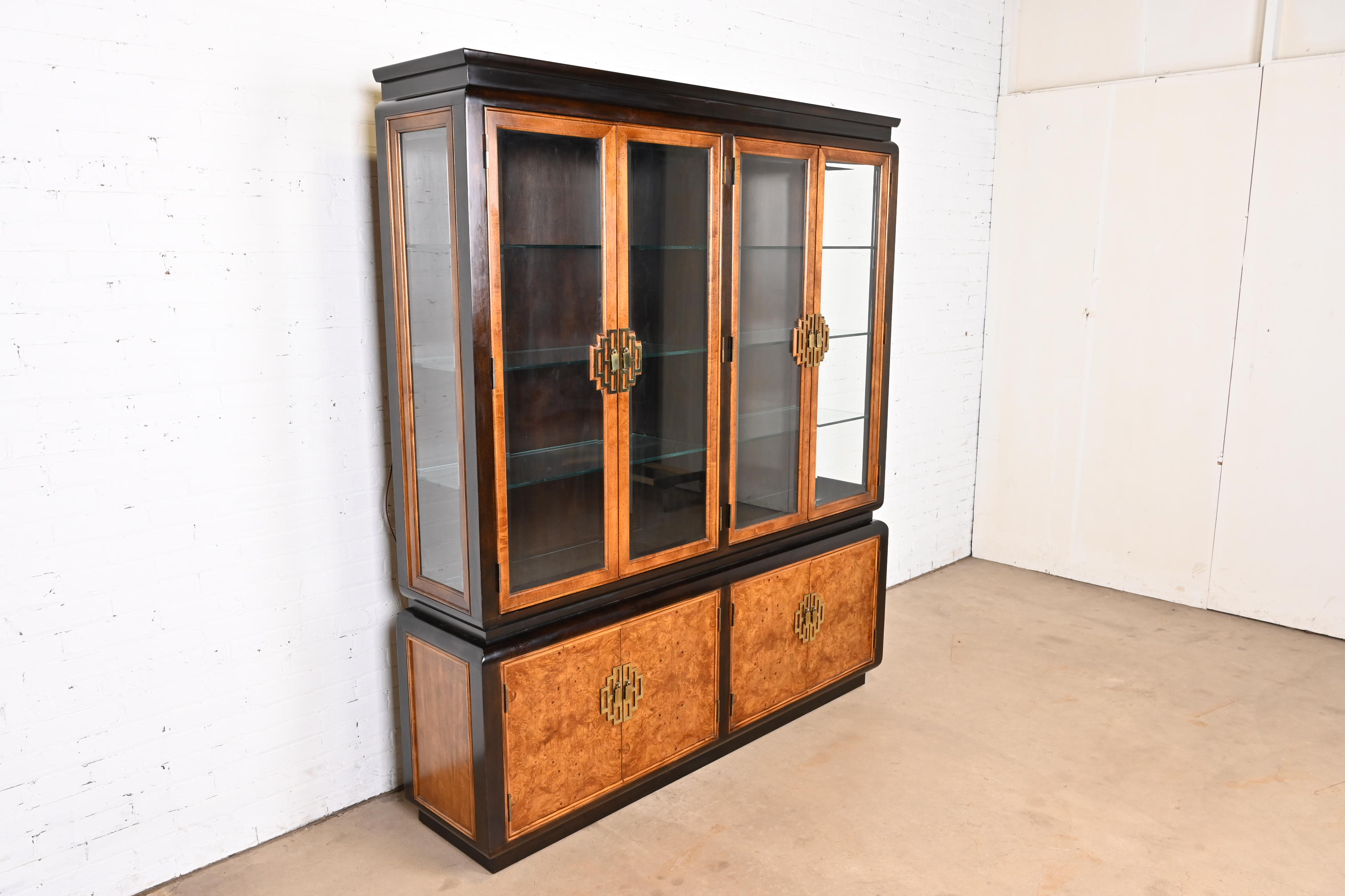 Raymond Sobota for Century Furniture Hollywood Regency Chinoiserie Burl Wood Lighted Breakfront Bookcase Cabinet, 1970s - Image 4