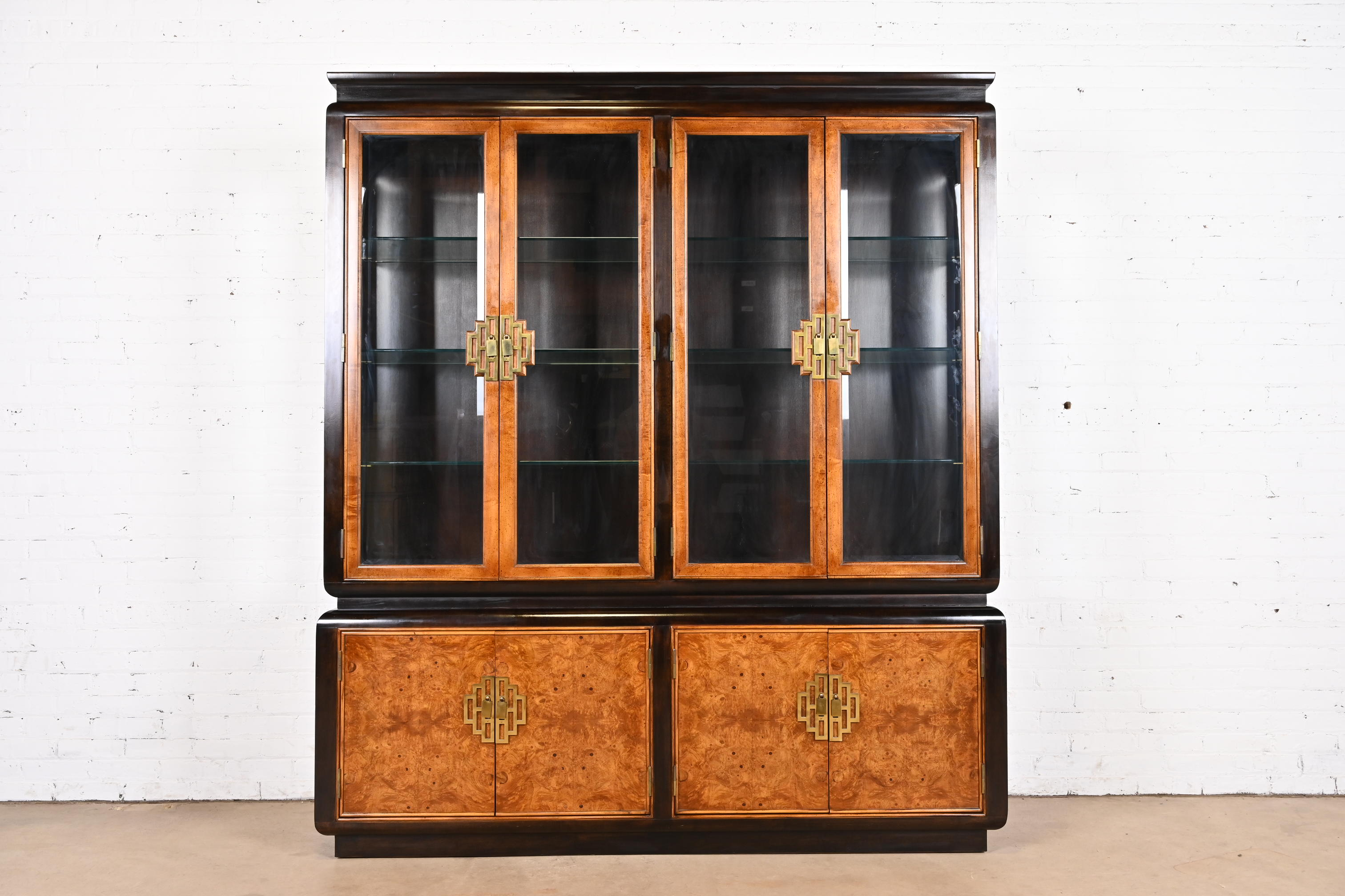 Raymond Sobota for Century Furniture Hollywood Regency Chinoiserie Burl Wood Lighted Breakfront Bookcase Cabinet, 1970s - Image 2