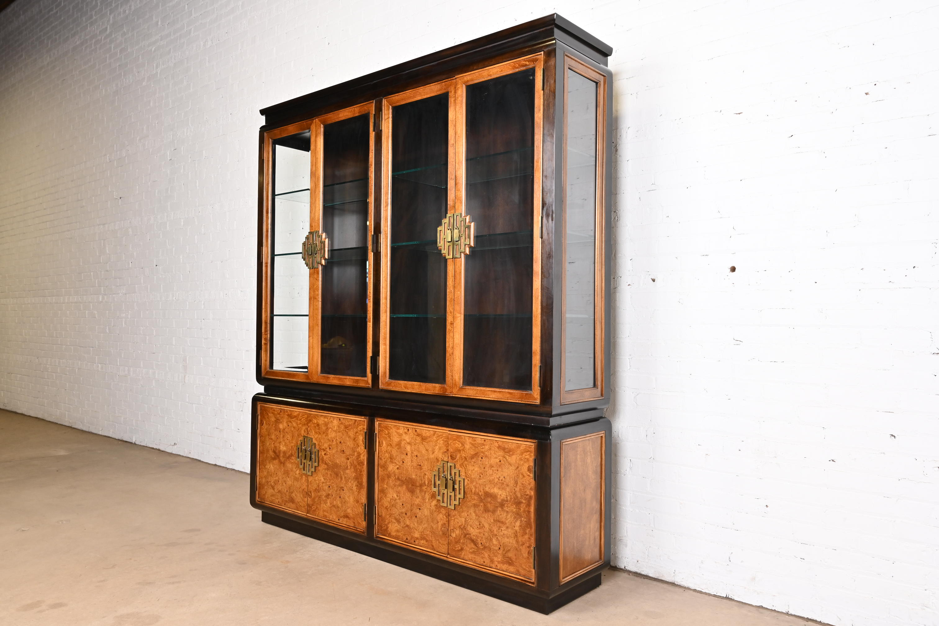 Raymond Sobota for Century Furniture Hollywood Regency Chinoiserie Burl Wood Lighted Breakfront Bookcase Cabinet, 1970s - Image 3