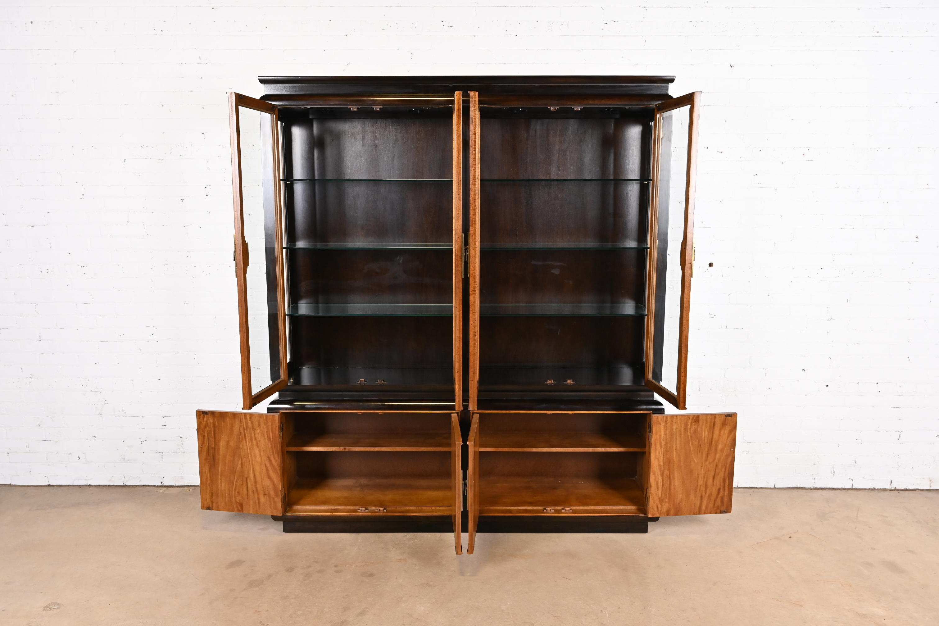 Raymond Sobota for Century Furniture Hollywood Regency Chinoiserie Burl Wood Lighted Breakfront Bookcase Cabinet, 1970s - Image 5