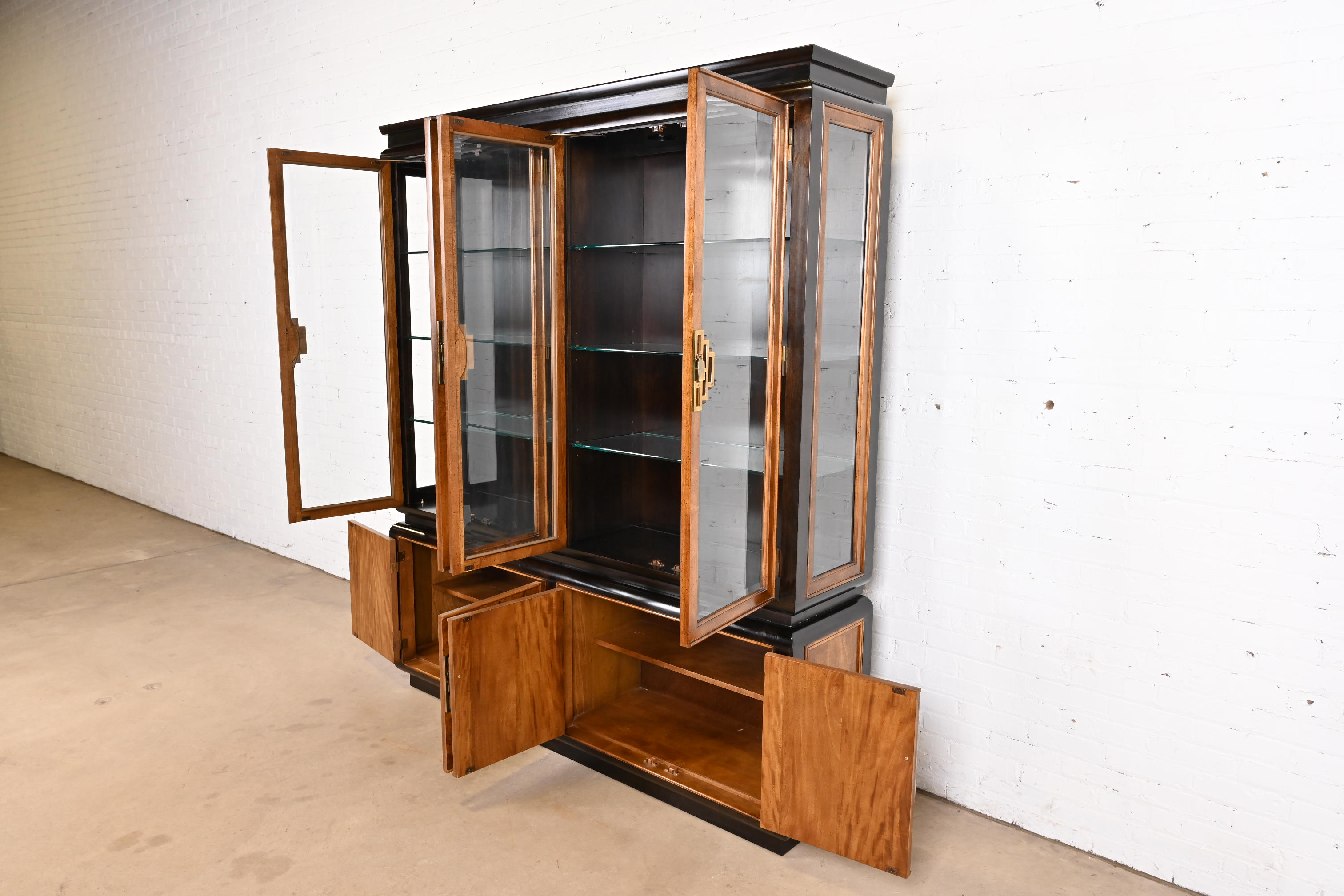 Raymond Sobota for Century Furniture Hollywood Regency Chinoiserie Burl Wood Lighted Breakfront Bookcase Cabinet, 1970s - Image 6