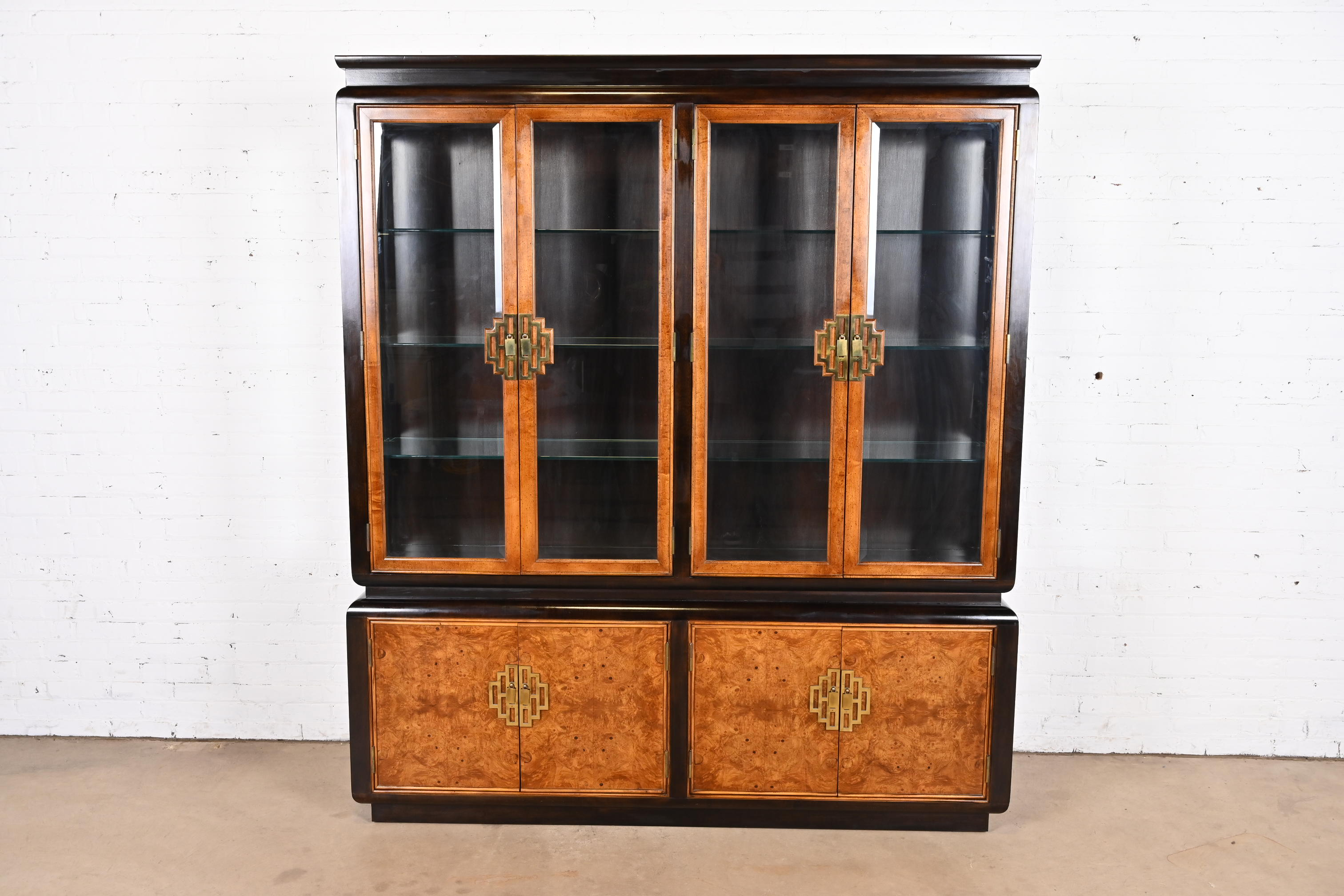 Raymond Sobota for Century Furniture Hollywood Regency Chinoiserie Burl Wood Lighted Breakfront Bookcase Cabinet, 1970s