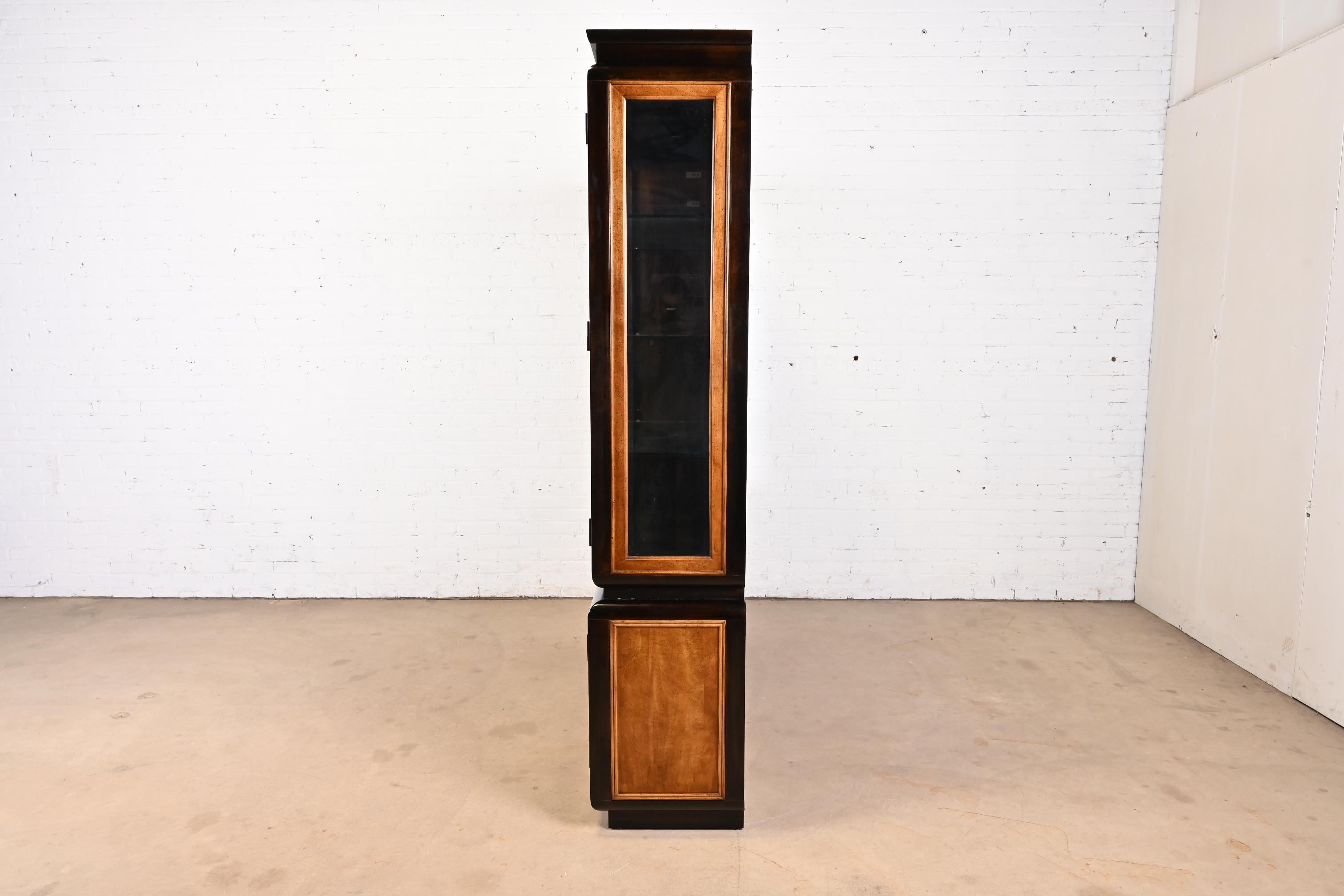 Raymond Sobota for Century Furniture Hollywood Regency Chinoiserie Burl Wood Lighted Breakfront Bookcase Cabinet, 1970s - Image 9