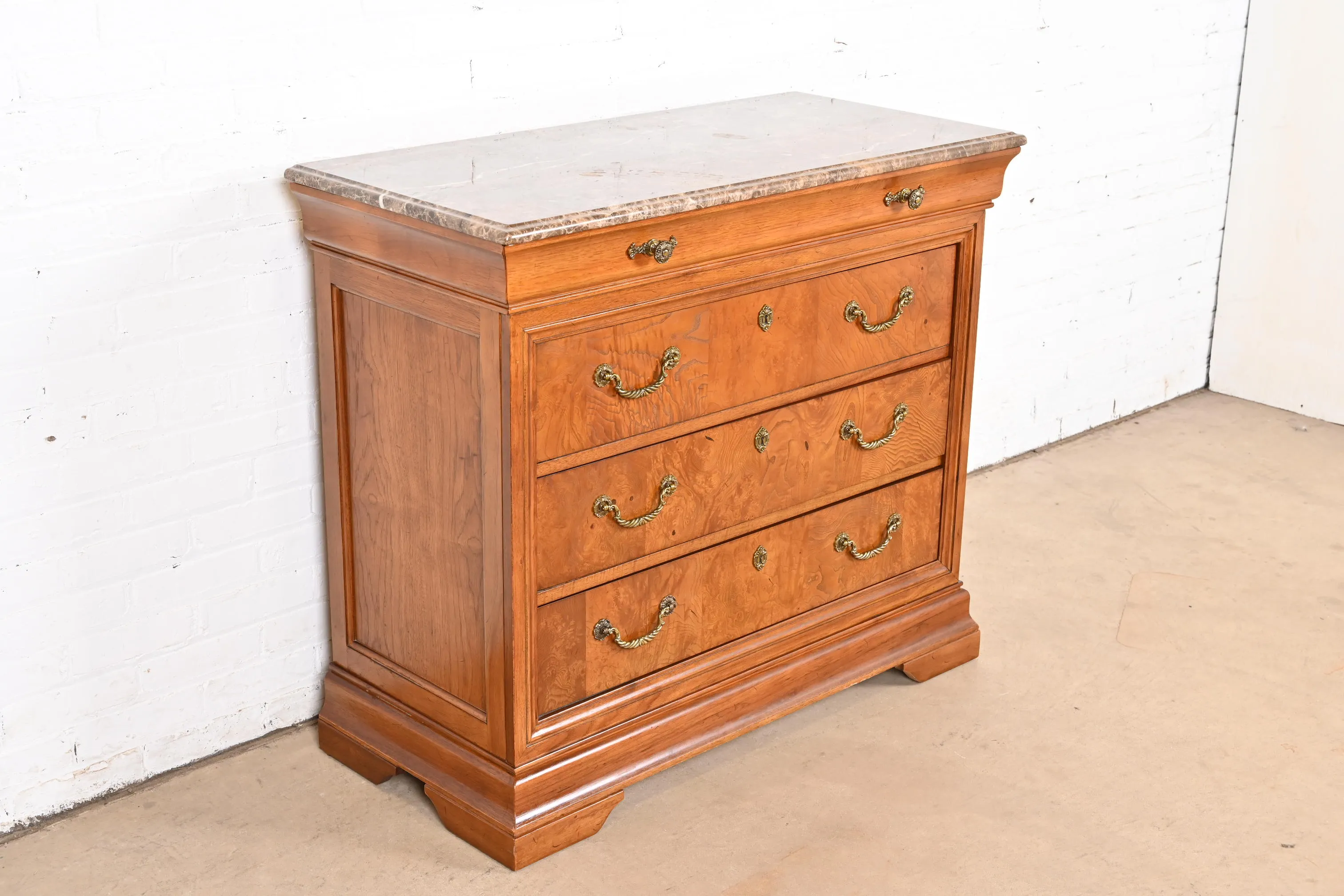 Thomasville French Louis Philippe Burl Wood Marble Top Four-Drawer Dresser Chest - Image 4