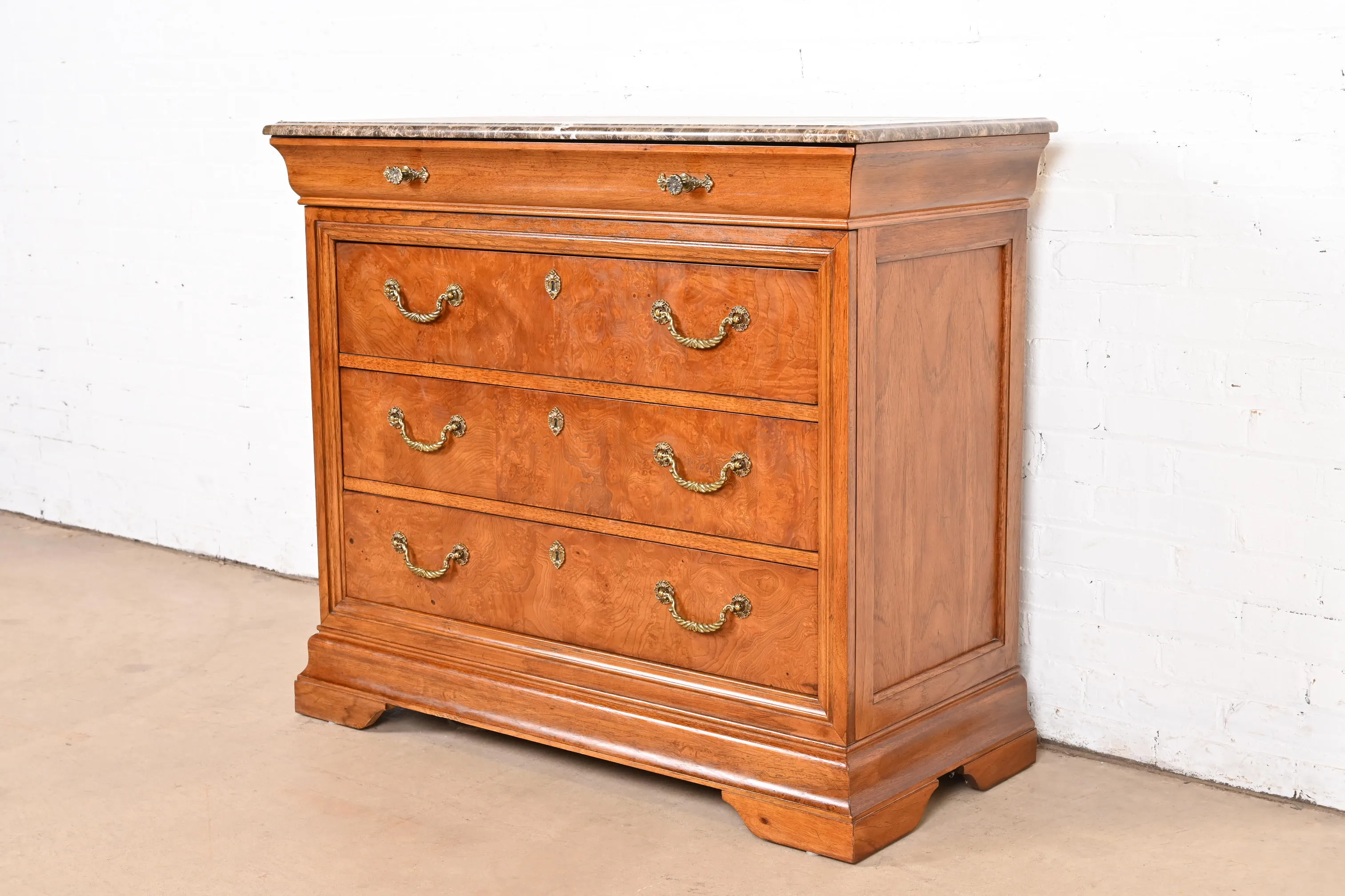 Thomasville French Louis Philippe Burl Wood Marble Top Four-Drawer Dresser Chest - Image 3