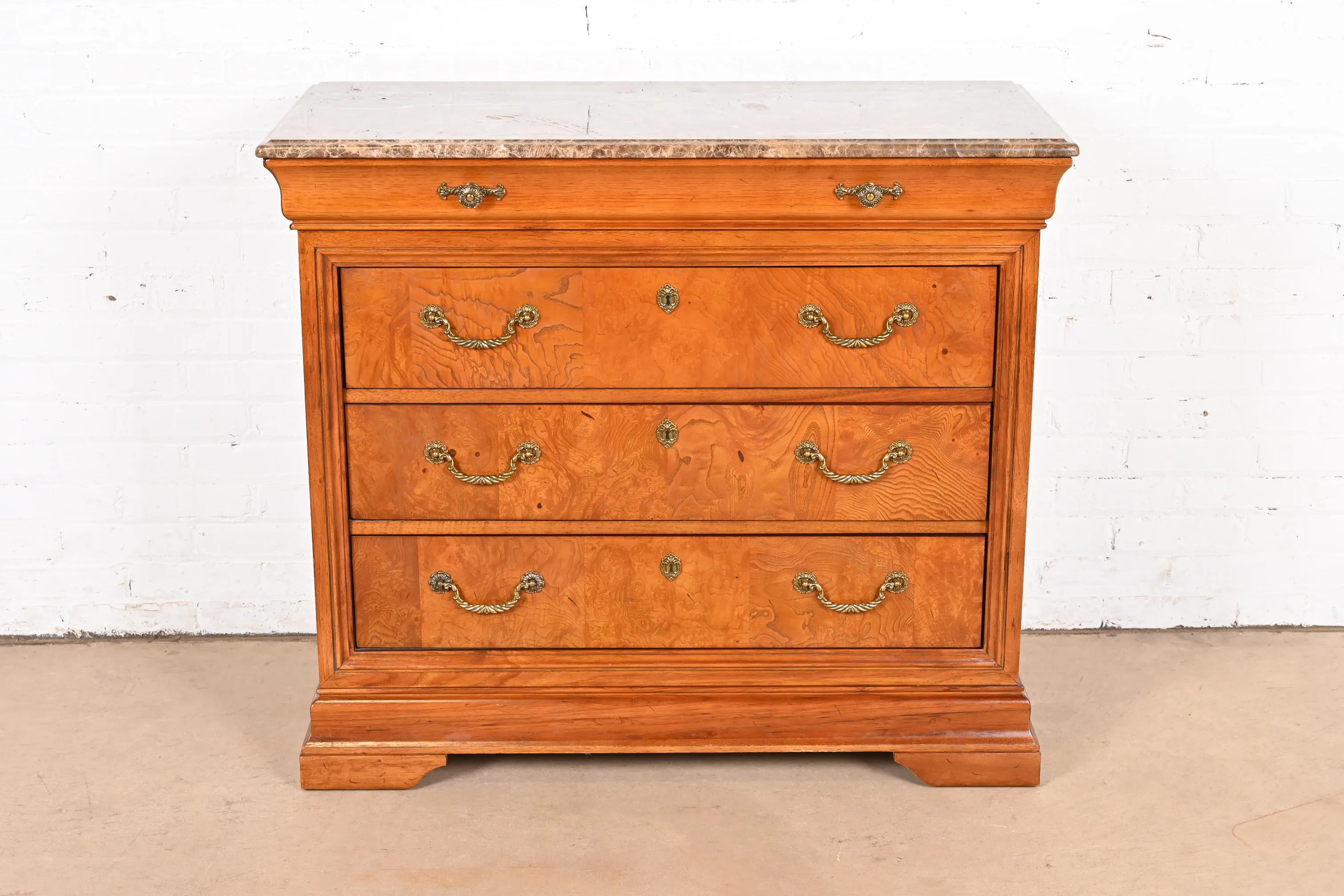 Thomasville French Louis Philippe Burl Wood Marble Top Four-Drawer Dresser Chest - Image 2