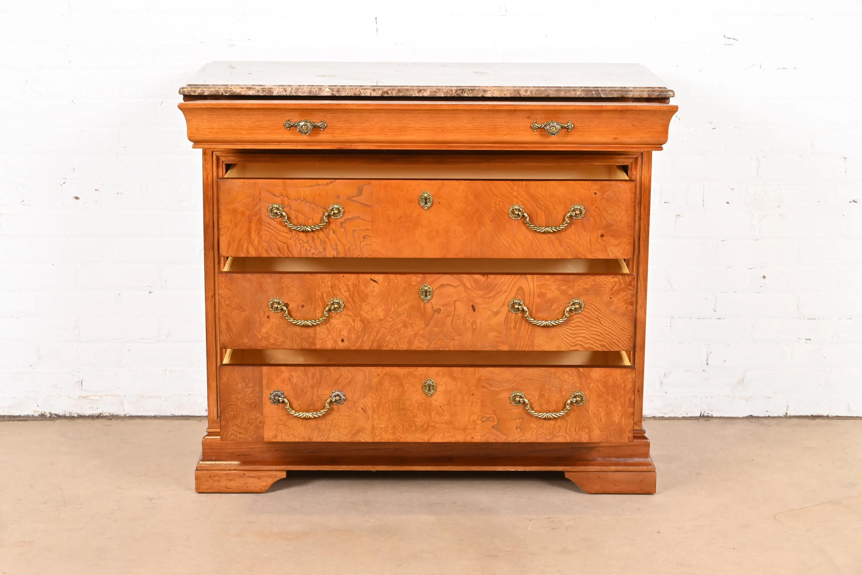 Thomasville French Louis Philippe Burl Wood Marble Top Four-Drawer Dresser Chest - Image 5