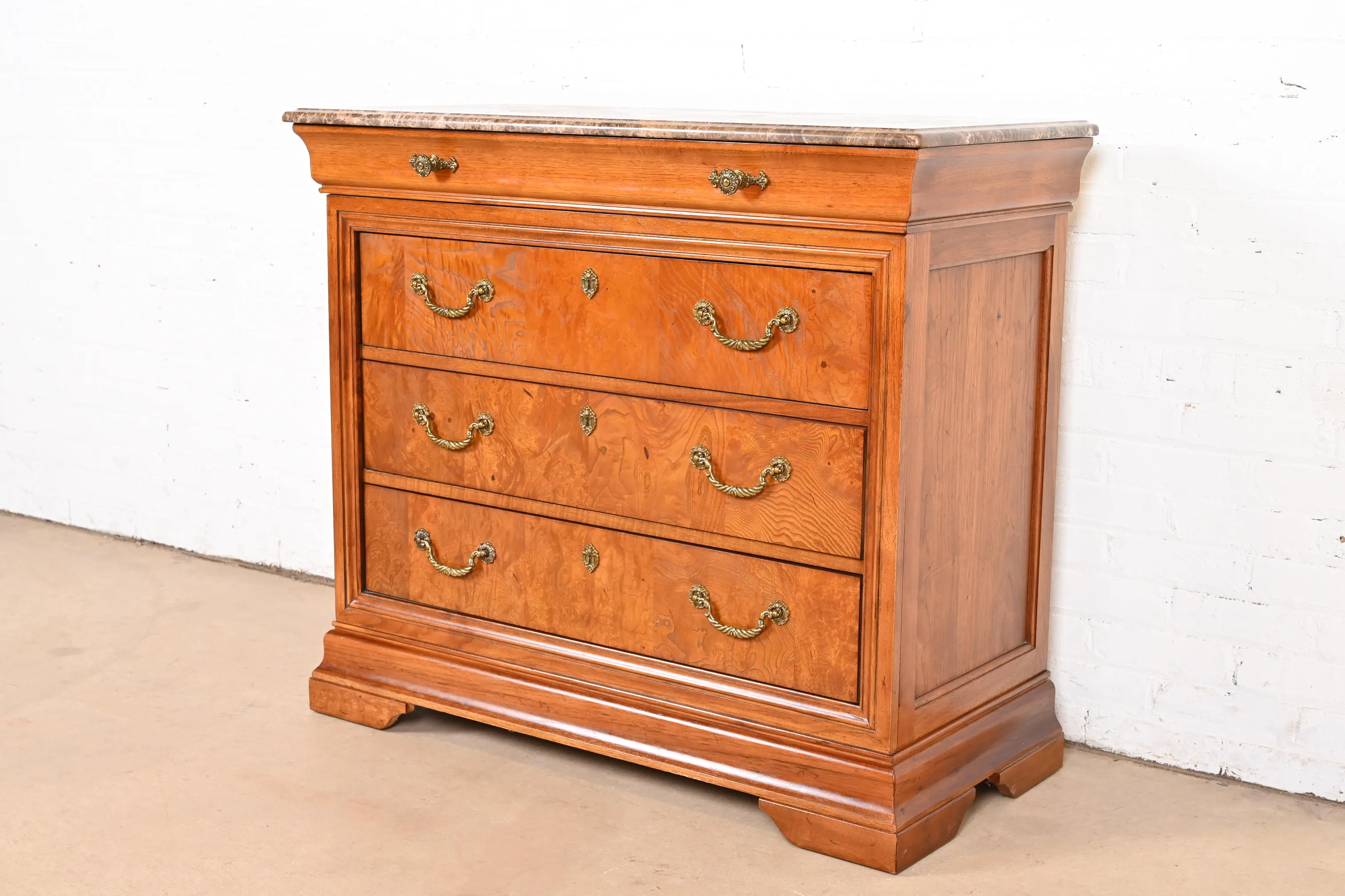 Thomasville French Louis Philippe Burl Wood Marble Top Four-Drawer Dresser Chest - Image 3