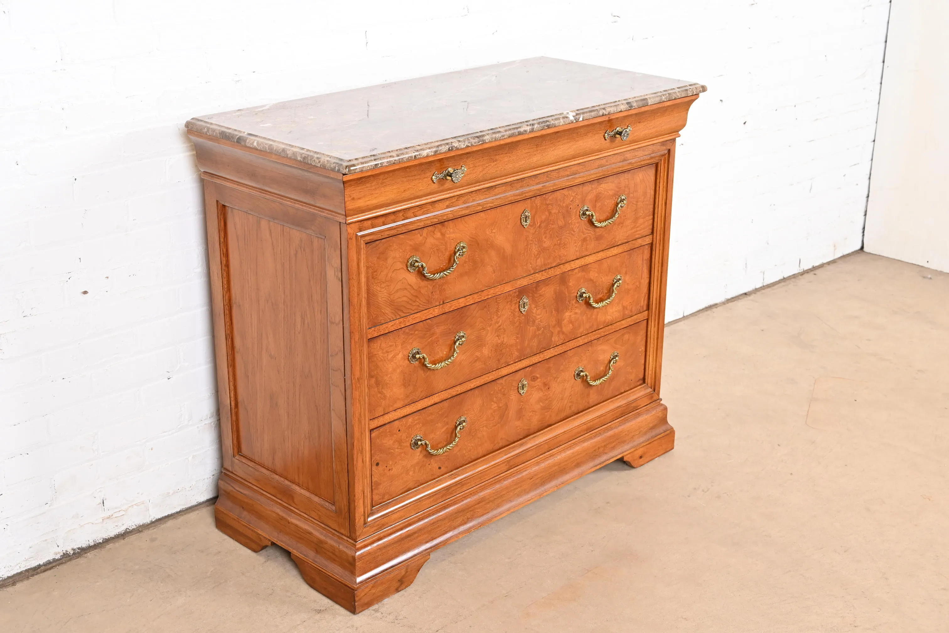 Thomasville French Louis Philippe Burl Wood Marble Top Four-Drawer Dresser Chest - Image 4