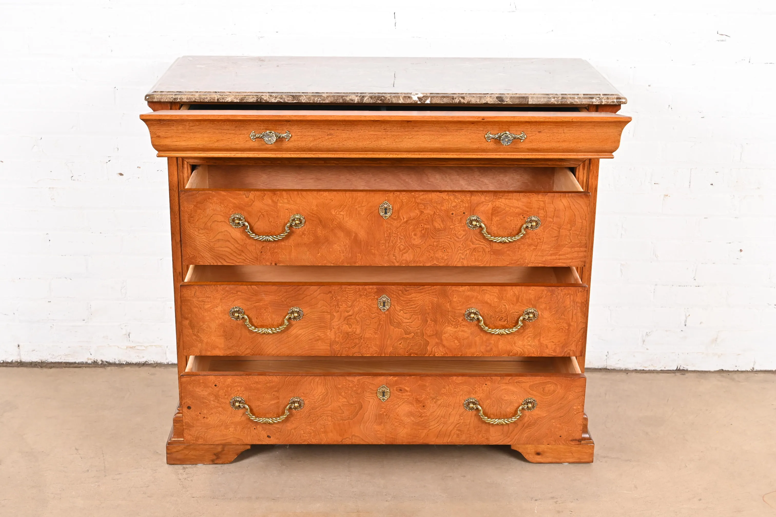 Thomasville French Louis Philippe Burl Wood Marble Top Four-Drawer Dresser Chest - Image 5