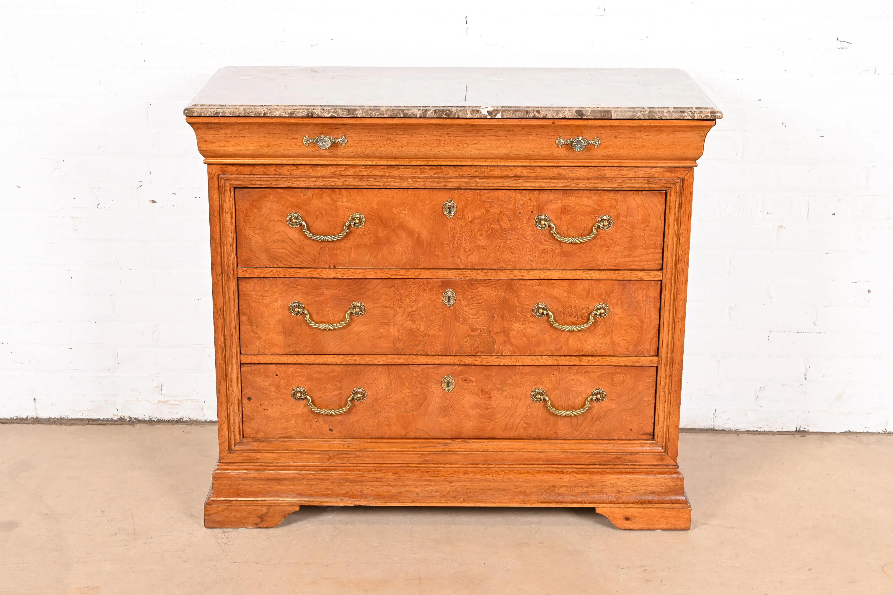 Thomasville French Louis Philippe Burl Wood Marble Top Four-Drawer Dresser Chest - Image 2