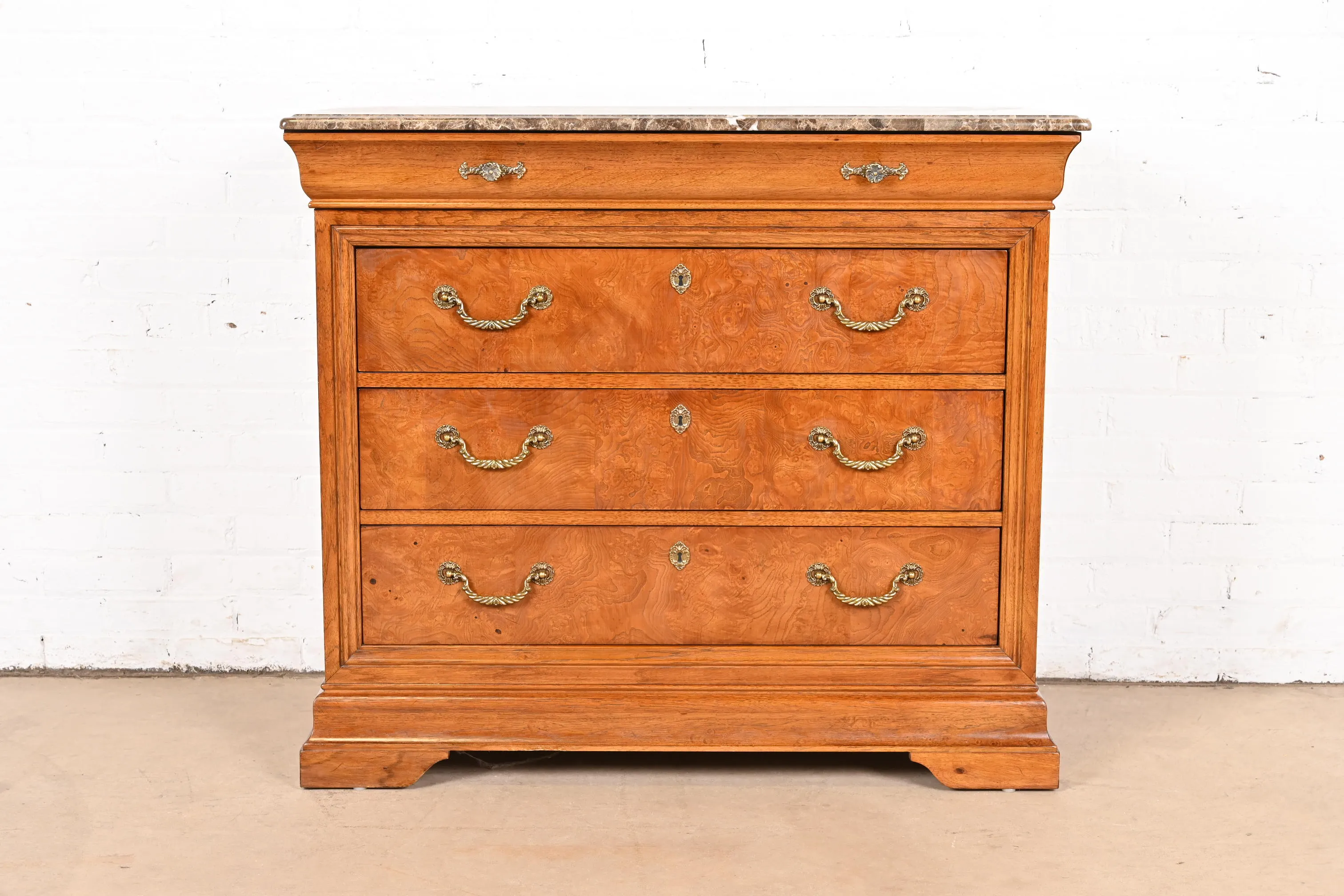 Thomasville French Louis Philippe Burl Wood Marble Top Four-Drawer Dresser Chest