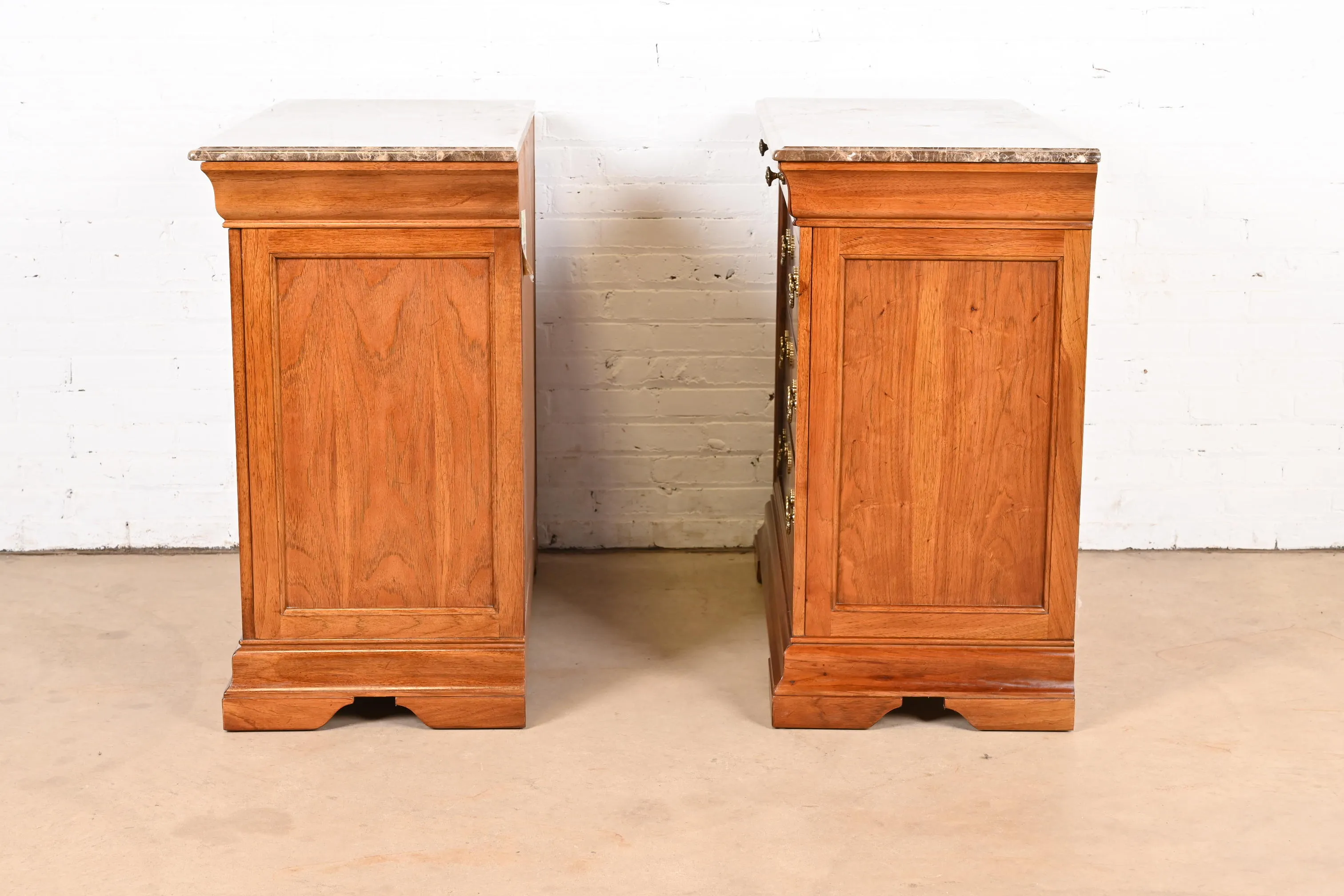 Thomasville French Louis Philippe Burl Wood Marble Top Four-Drawer Dresser Chests, Pair - Image 9