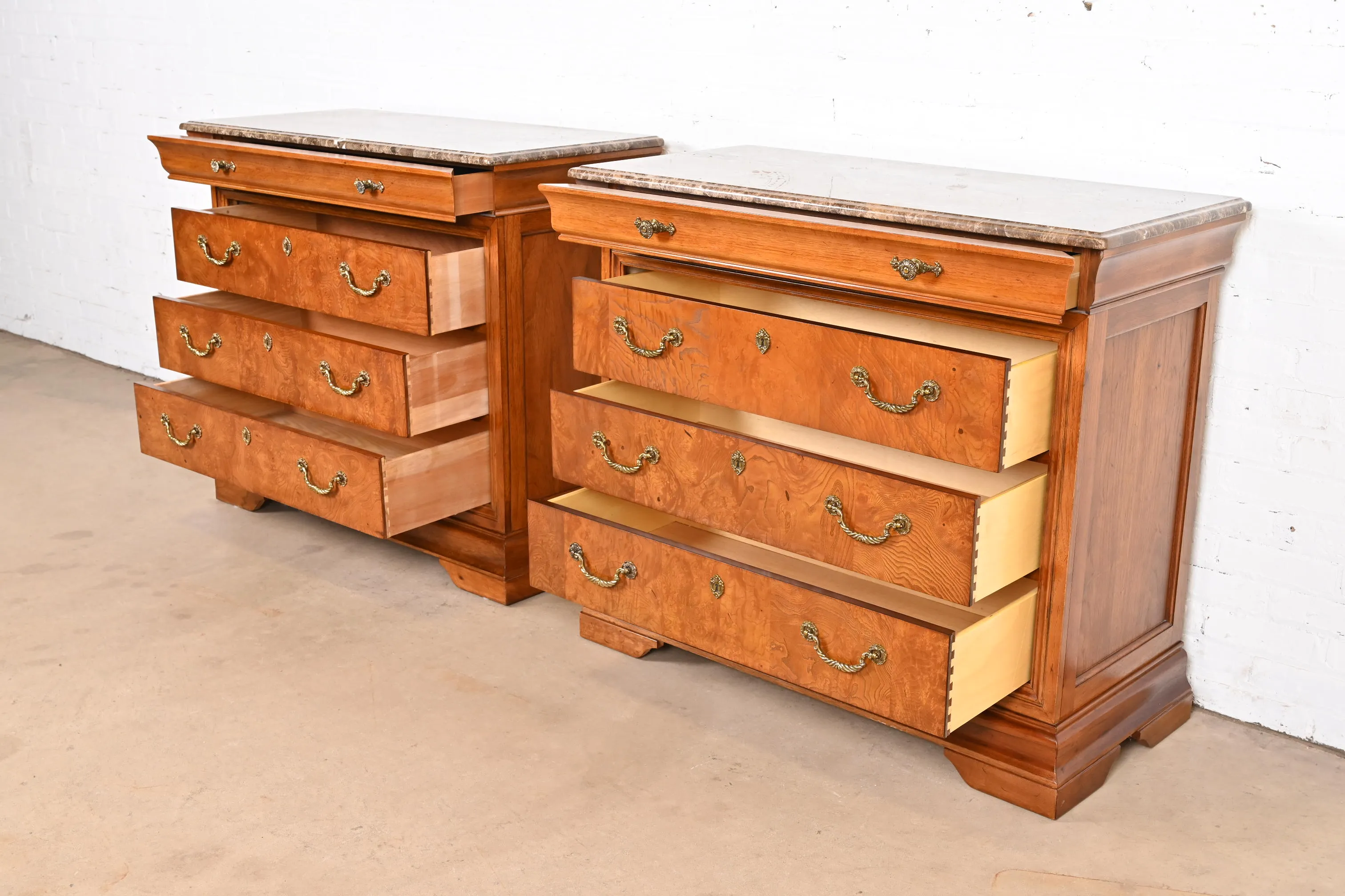 Thomasville French Louis Philippe Burl Wood Marble Top Four-Drawer Dresser Chests, Pair - Image 6