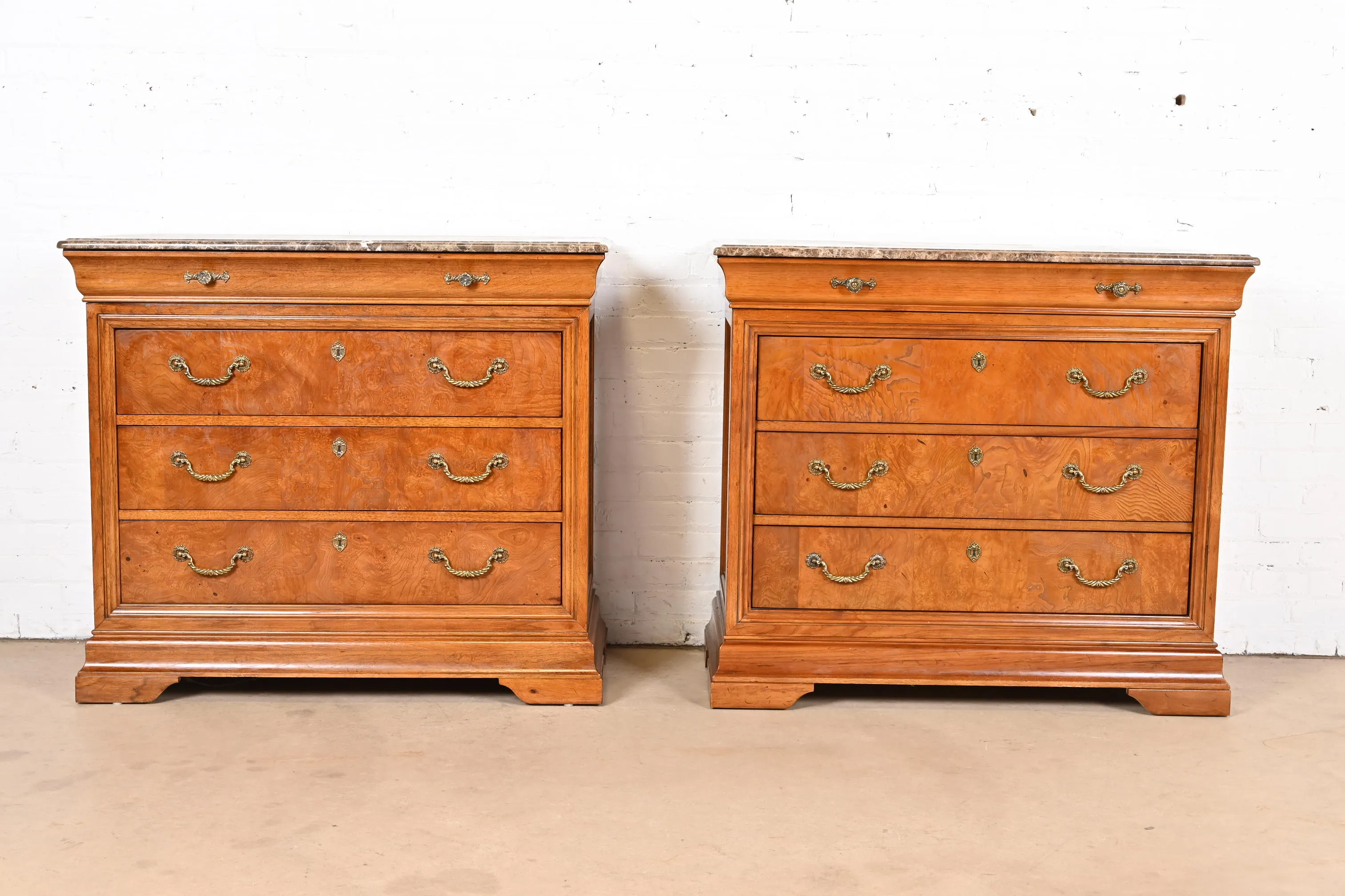 Thomasville French Louis Philippe Burl Wood Marble Top Four-Drawer Dresser Chests, Pair
