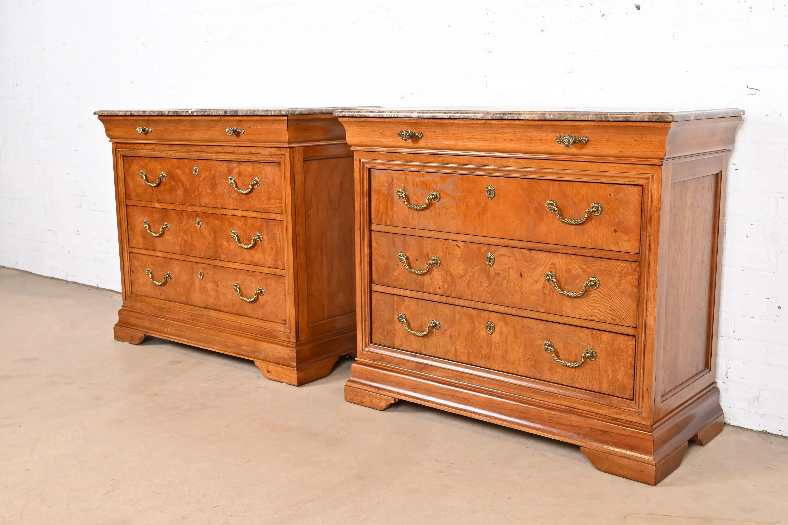 Thomasville French Louis Philippe Burl Wood Marble Top Four-Drawer Dresser Chests, Pair - Image 3