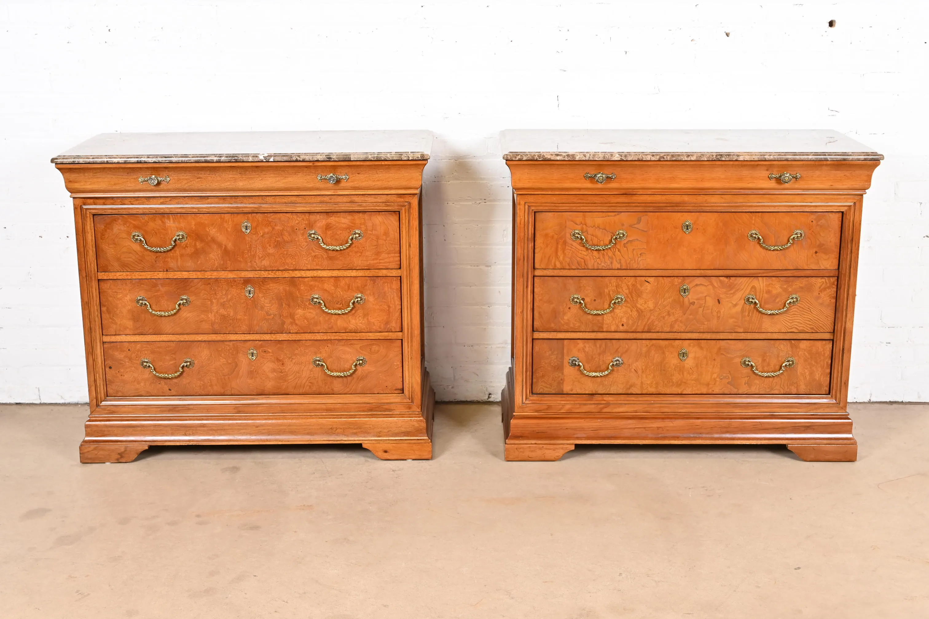 Thomasville French Louis Philippe Burl Wood Marble Top Four-Drawer Dresser Chests, Pair - Image 2