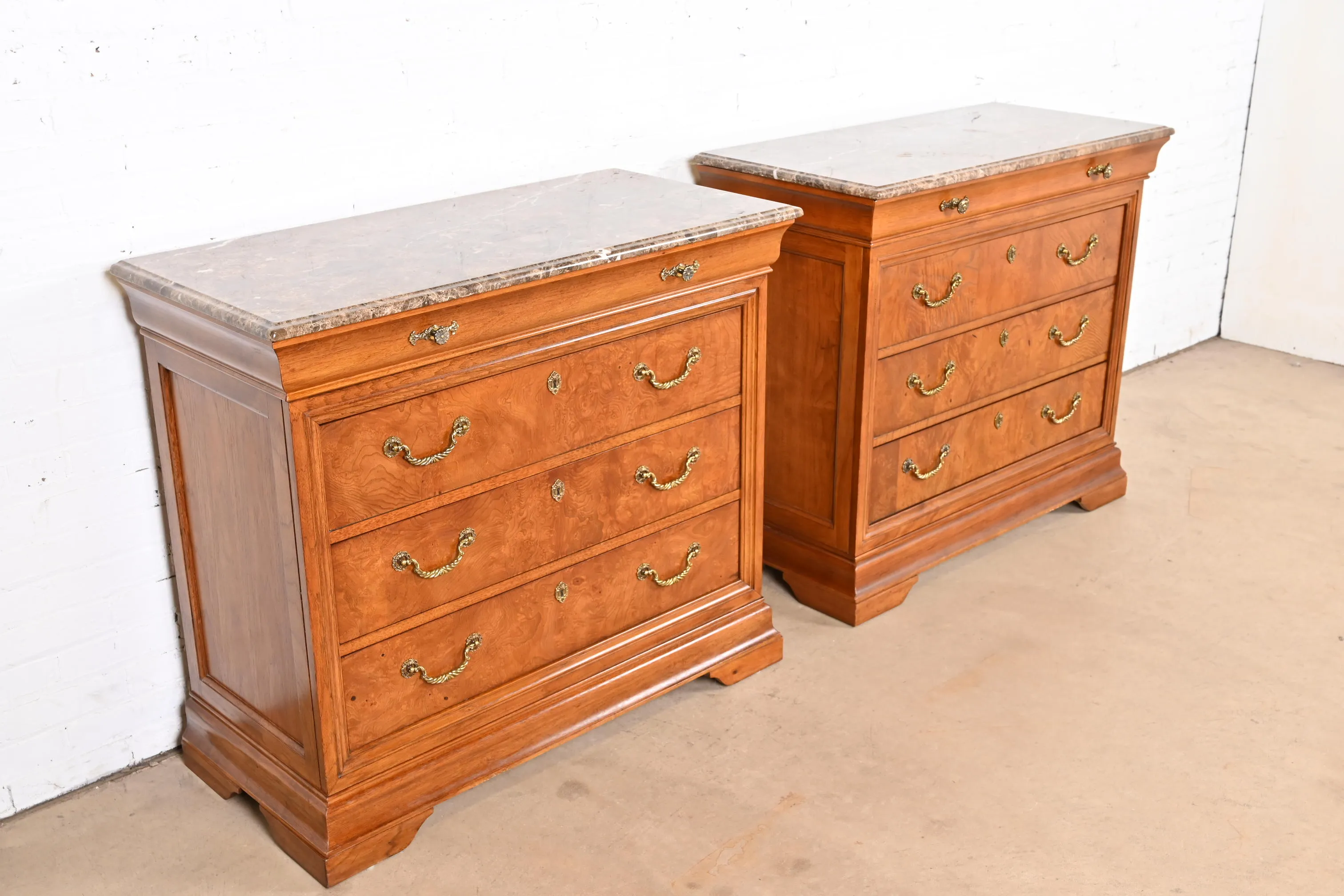 Thomasville French Louis Philippe Burl Wood Marble Top Four-Drawer Dresser Chests, Pair - Image 4