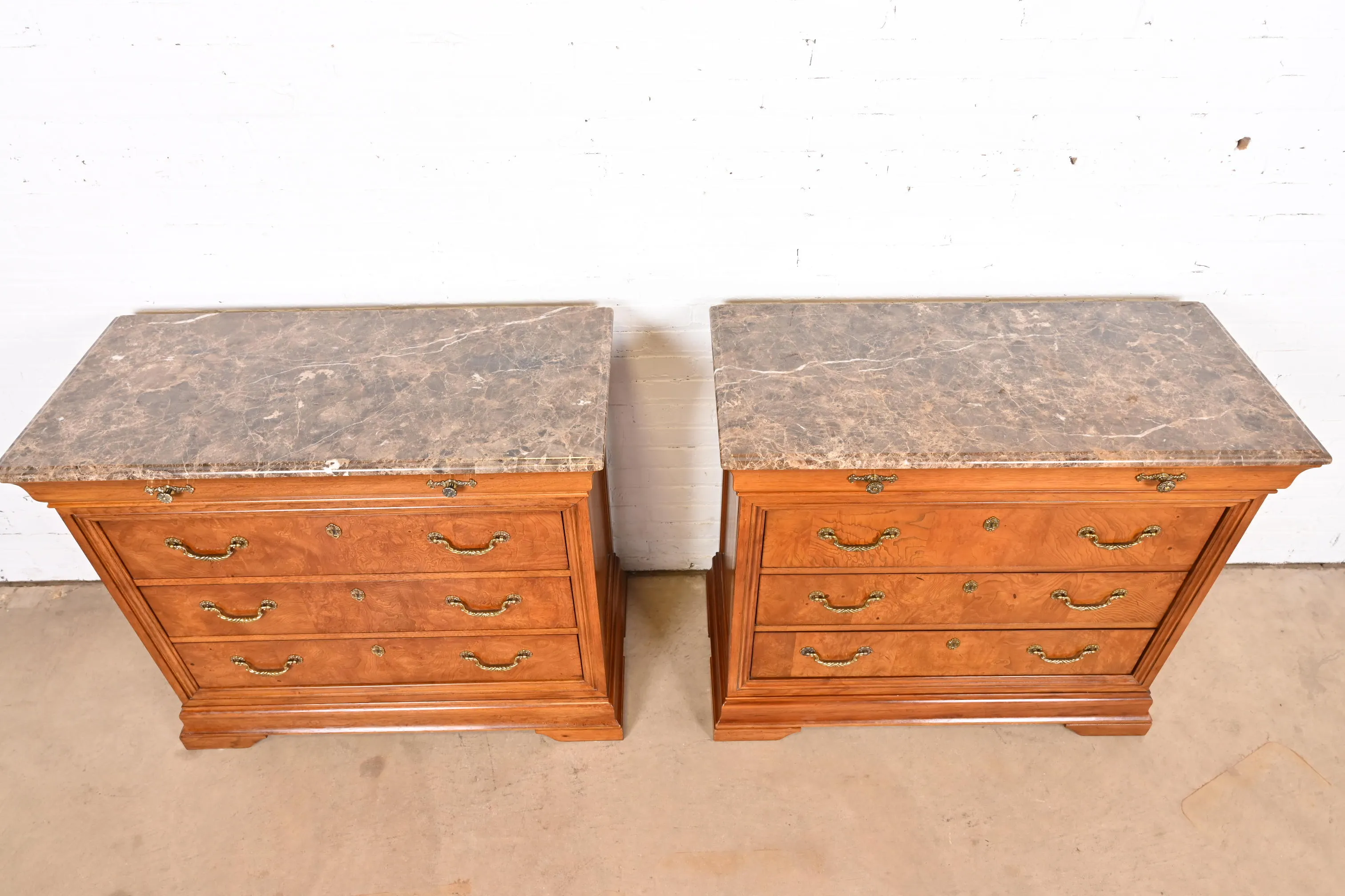 Thomasville French Louis Philippe Burl Wood Marble Top Four-Drawer Dresser Chests, Pair - Image 8