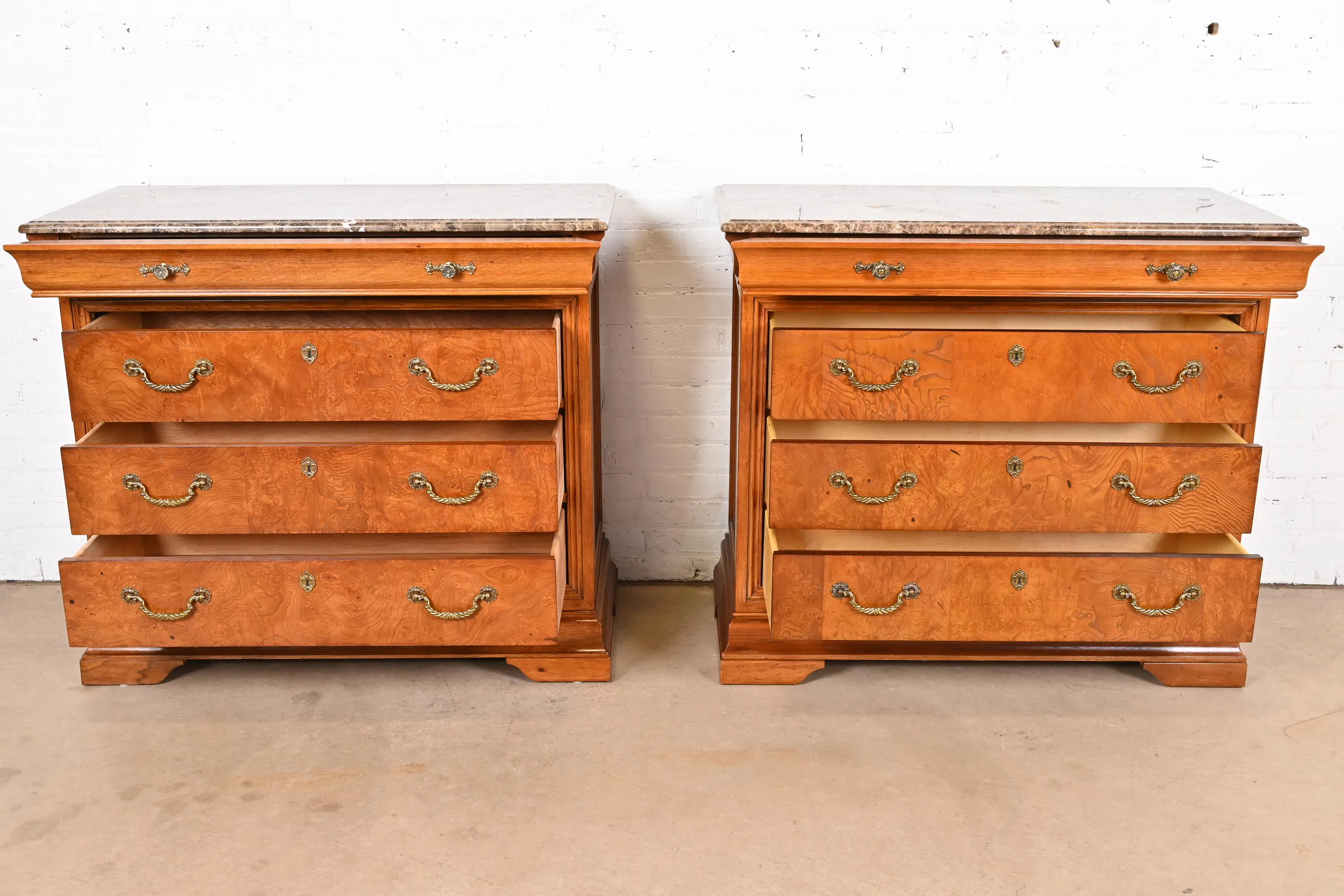 Thomasville French Louis Philippe Burl Wood Marble Top Four-Drawer Dresser Chests, Pair - Image 5
