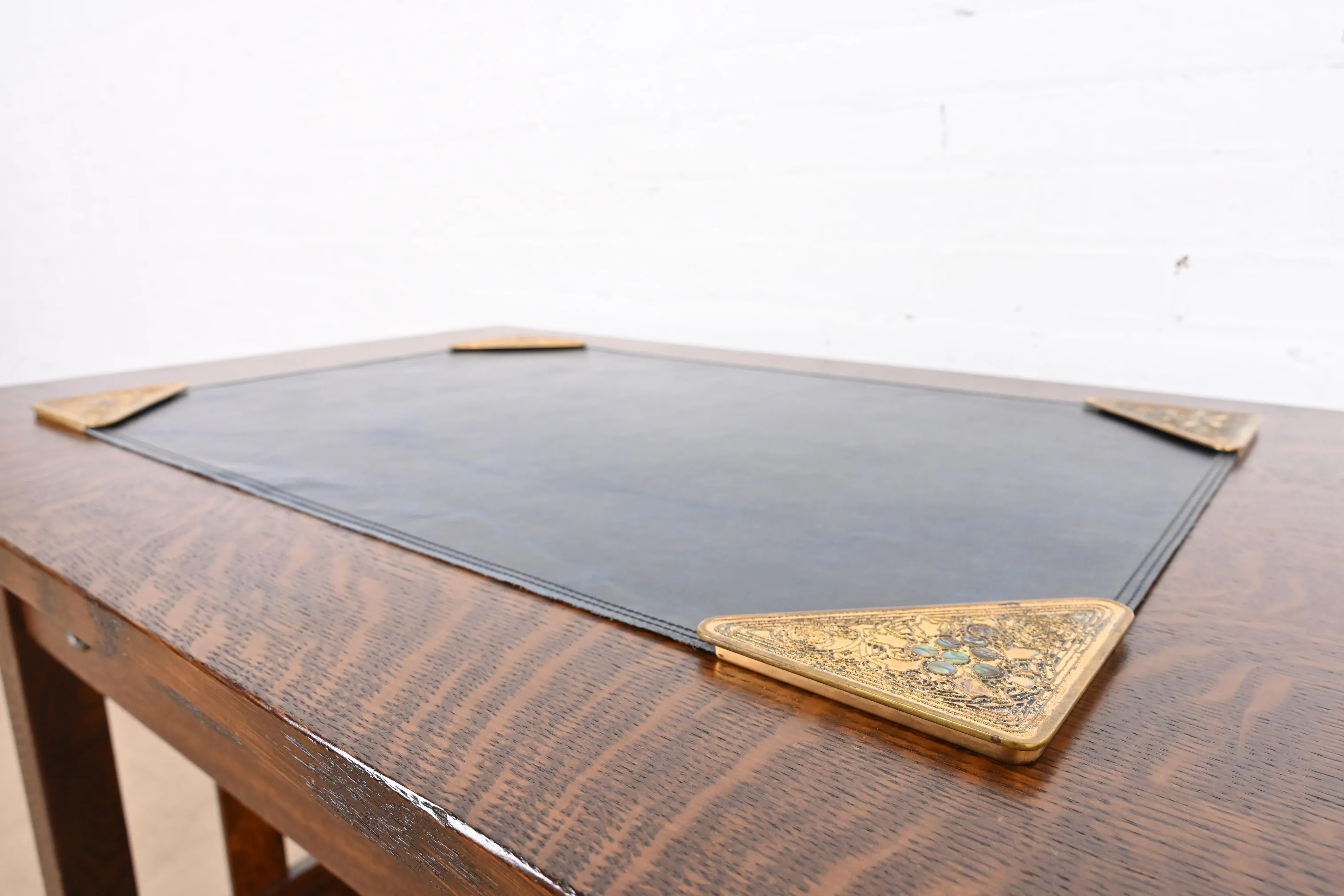 Tiffany Studios New York Bronze Doré and Abalone Blotter Corners With Leather Desk Blotter - Image 4