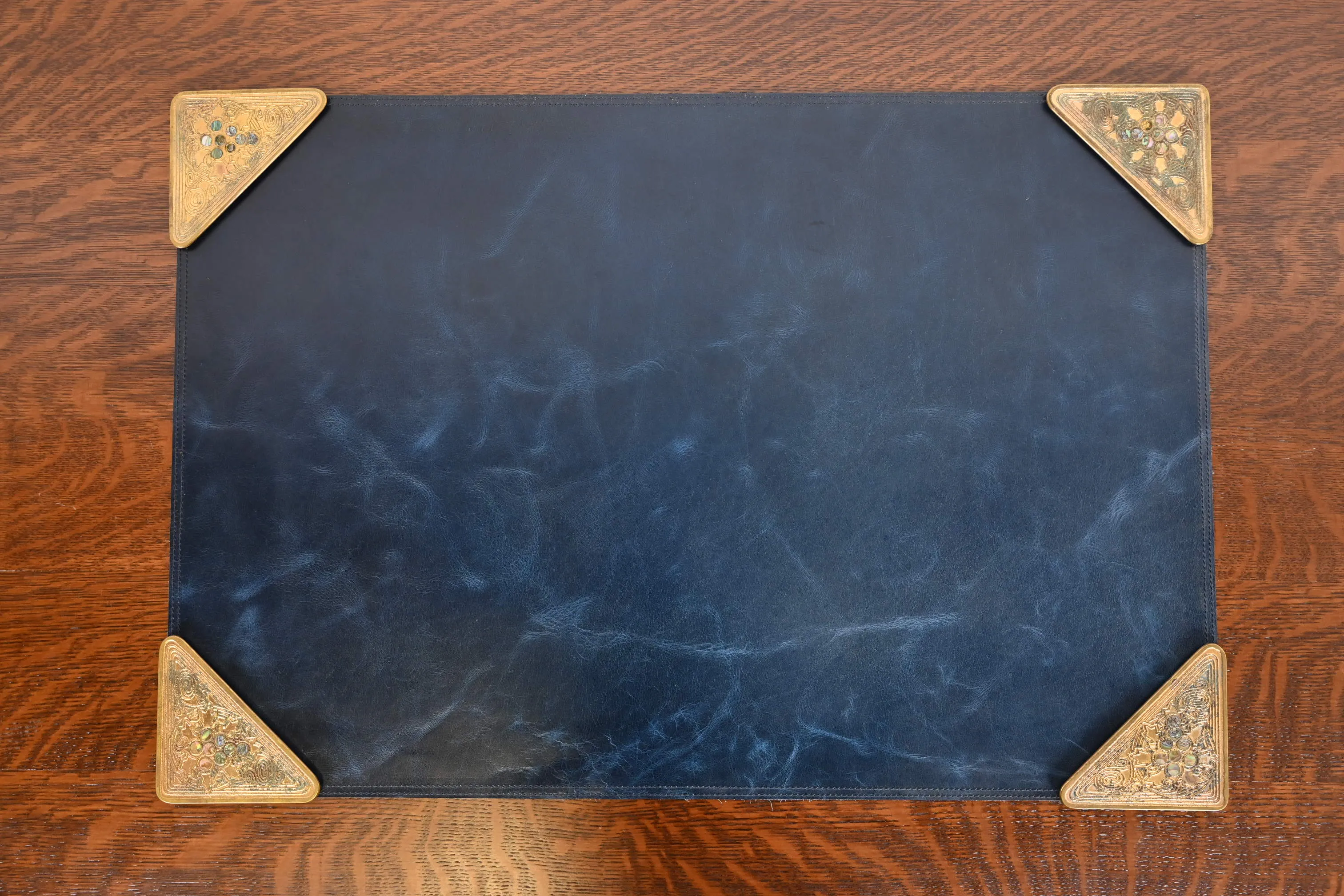 Tiffany Studios New York Bronze Doré and Abalone Blotter Corners With Leather Desk Blotter