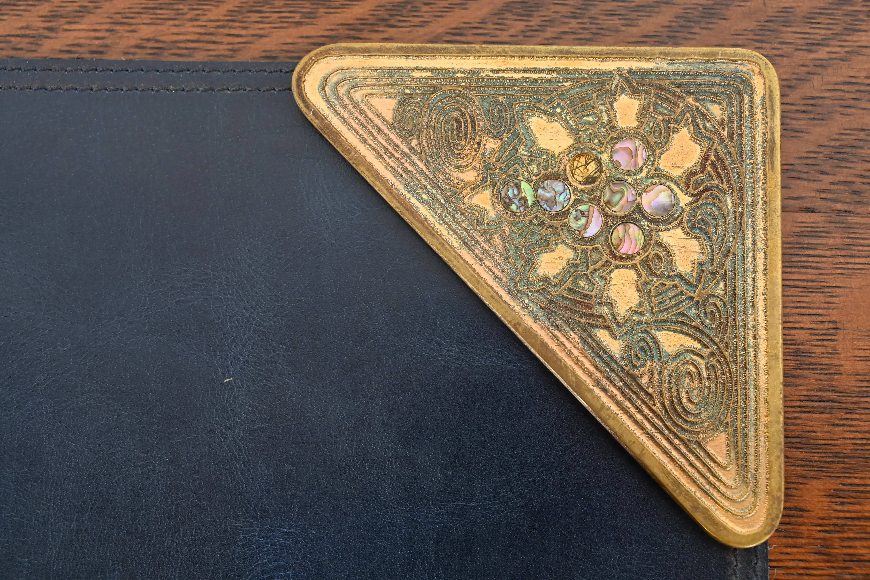 Tiffany Studios New York Bronze Doré and Abalone Blotter Corners With Leather Desk Blotter - Image 6