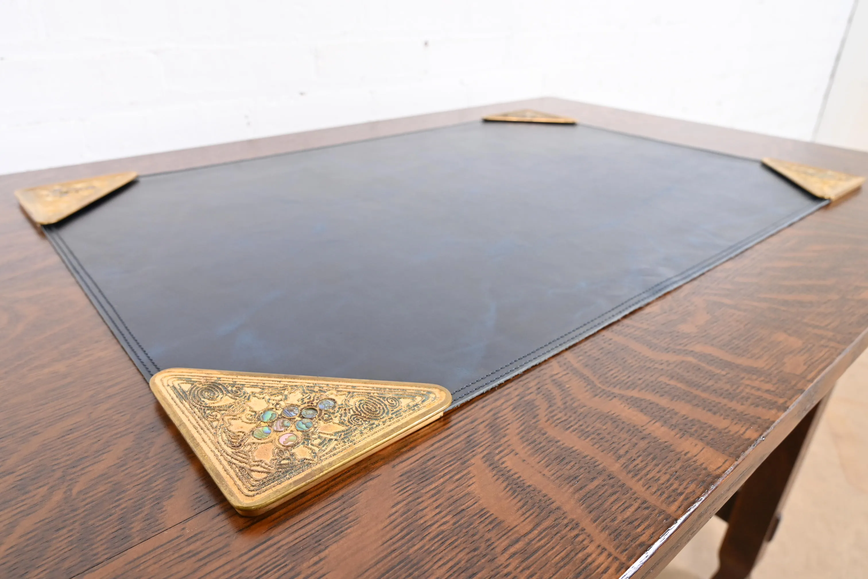Tiffany Studios New York Bronze Doré and Abalone Blotter Corners With Leather Desk Blotter - Image 3