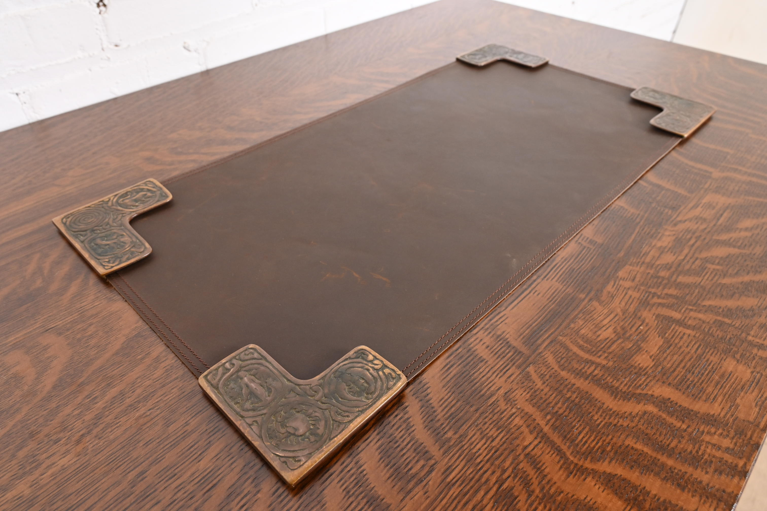 Tiffany Studios New York Zodiac Bronze Blotter Corners With Leather Desk Blotter - Image 4