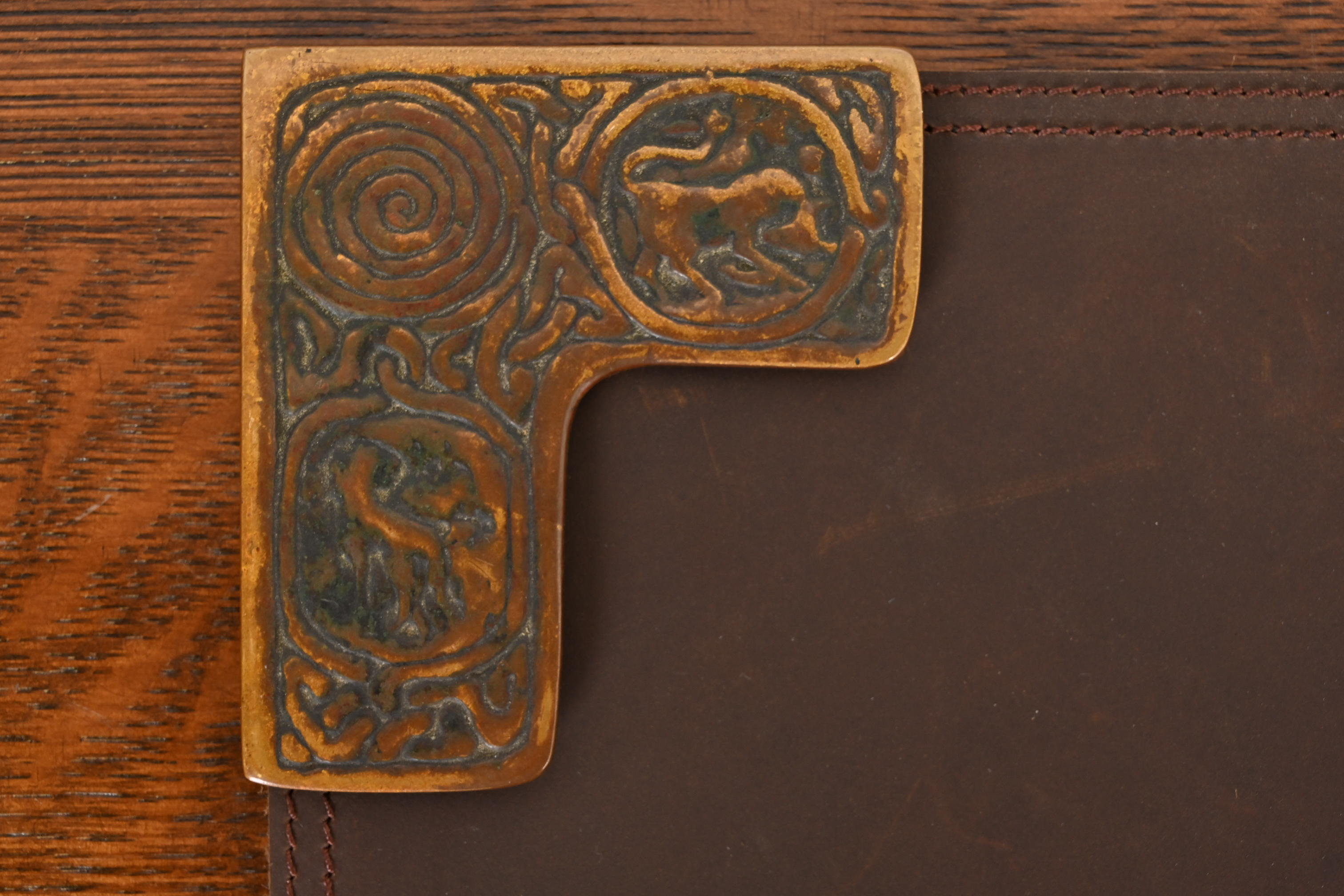 Tiffany Studios New York Zodiac Bronze Blotter Corners With Leather Desk Blotter - Image 5