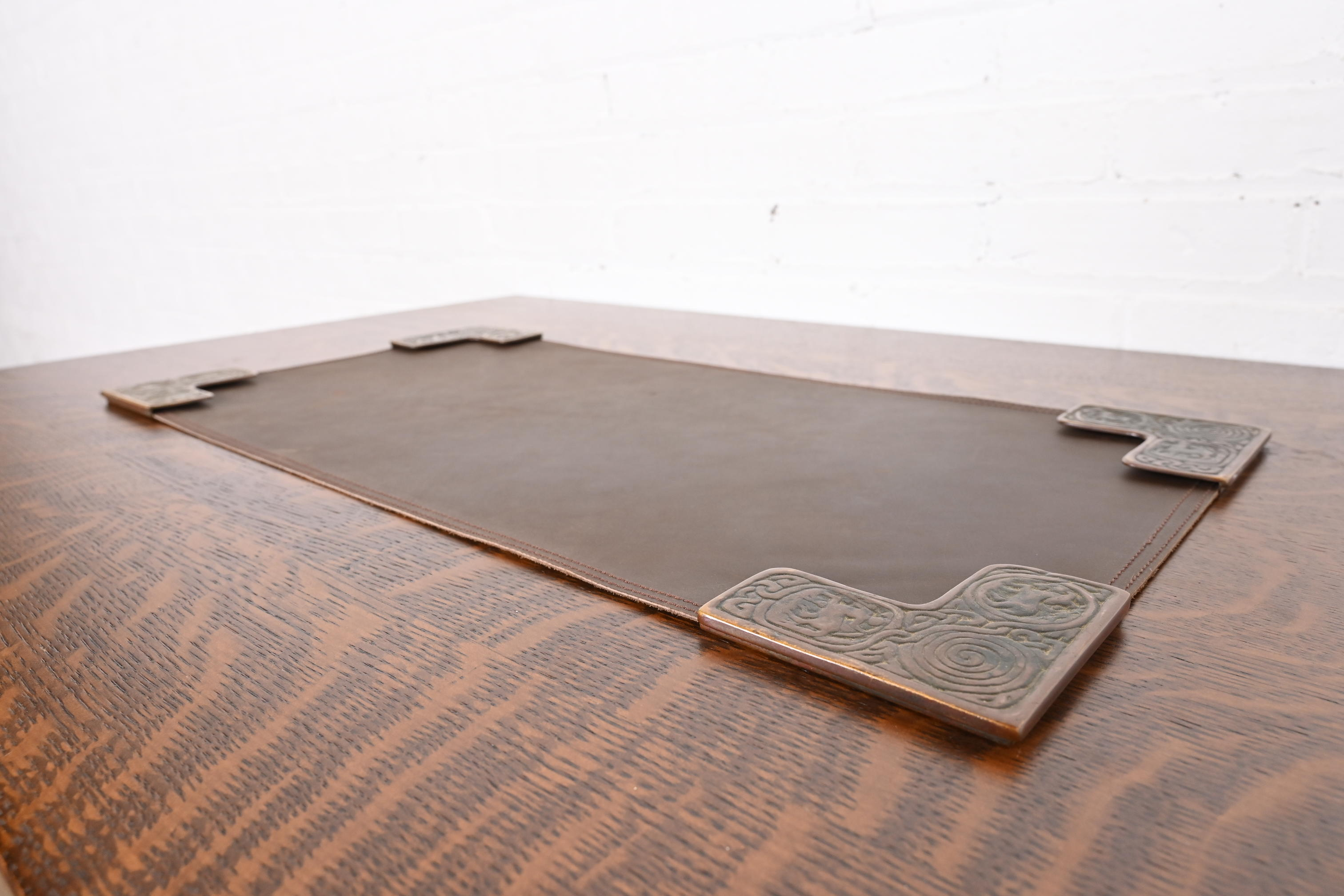 Tiffany Studios New York Zodiac Bronze Blotter Corners With Leather Desk Blotter - Image 3