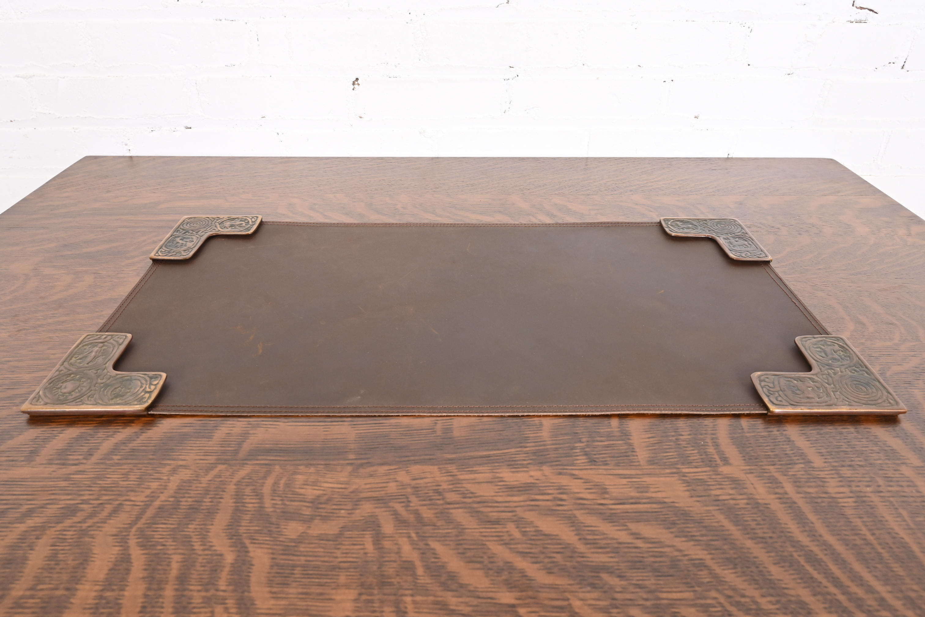 Tiffany Studios New York Zodiac Bronze Blotter Corners With Leather Desk Blotter - Image 2