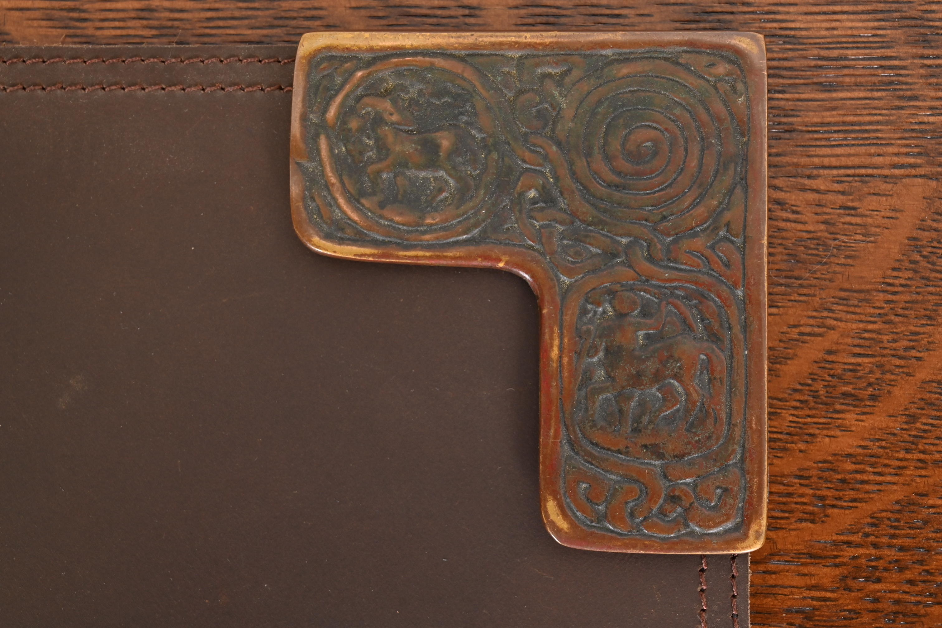 Tiffany Studios New York Zodiac Bronze Blotter Corners With Leather Desk Blotter - Image 6