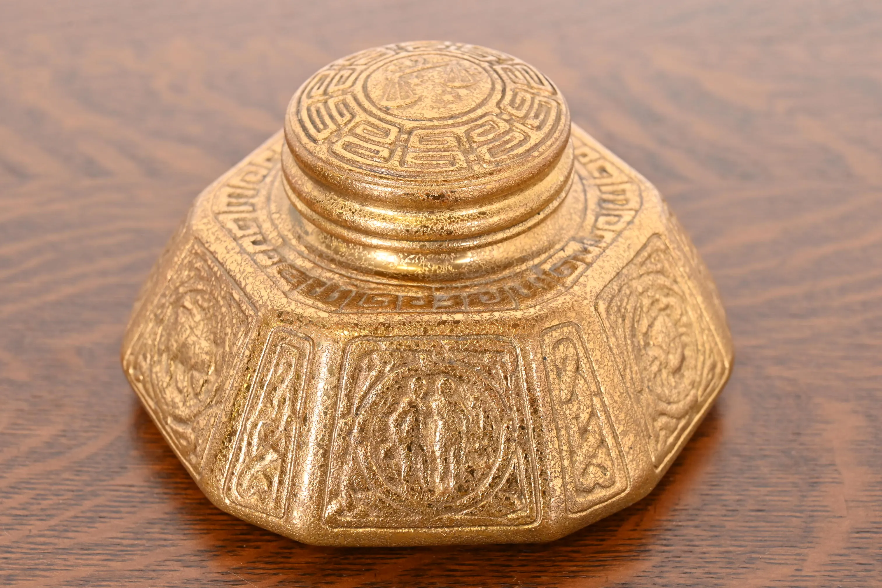 Tiffany Studios New York Zodiac Bronze Doré Large Inkwell - Image 2