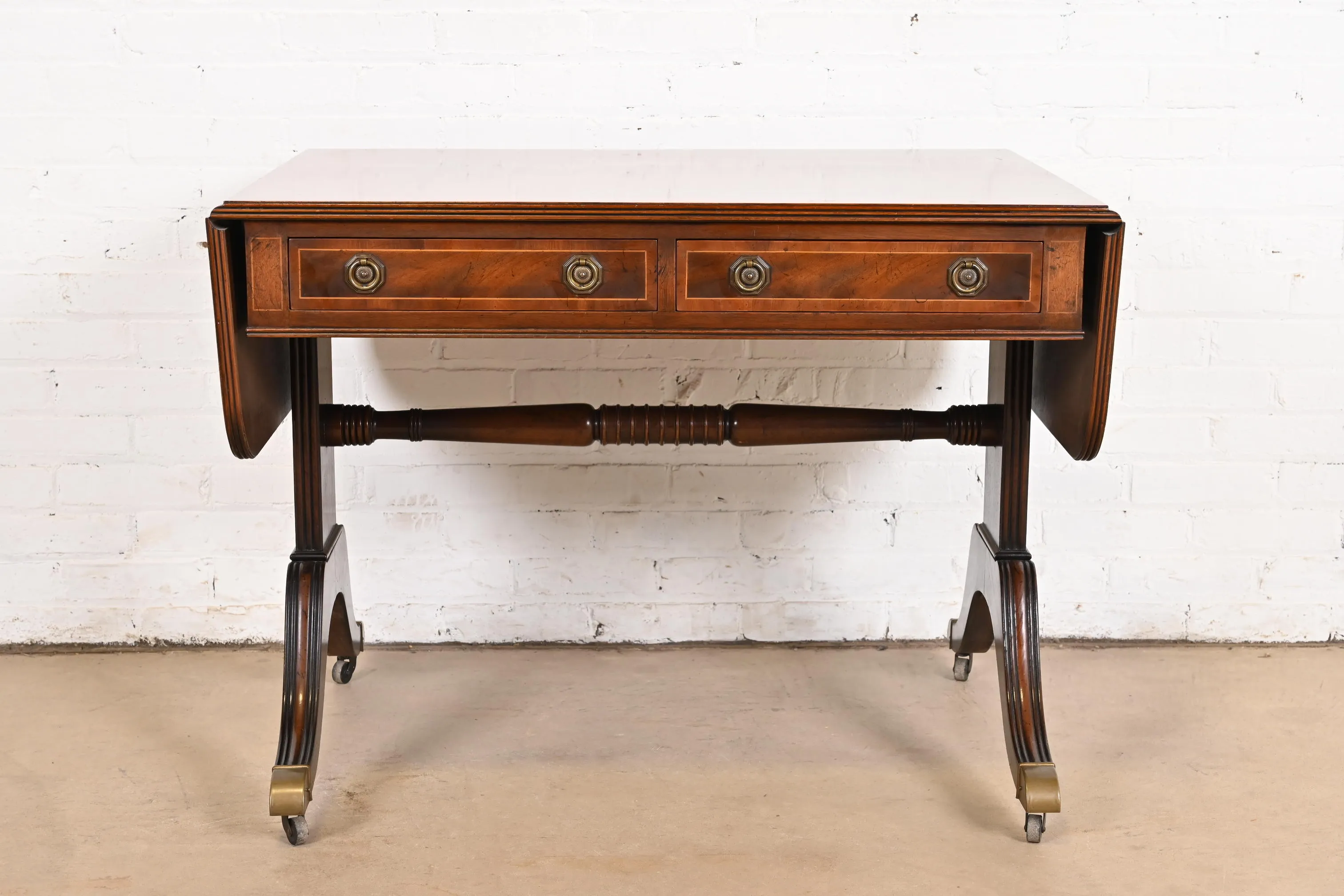 Baker Furniture English Regency Banded Mahogany Writing Desk or Console Table, Circa 1940s - Image 3