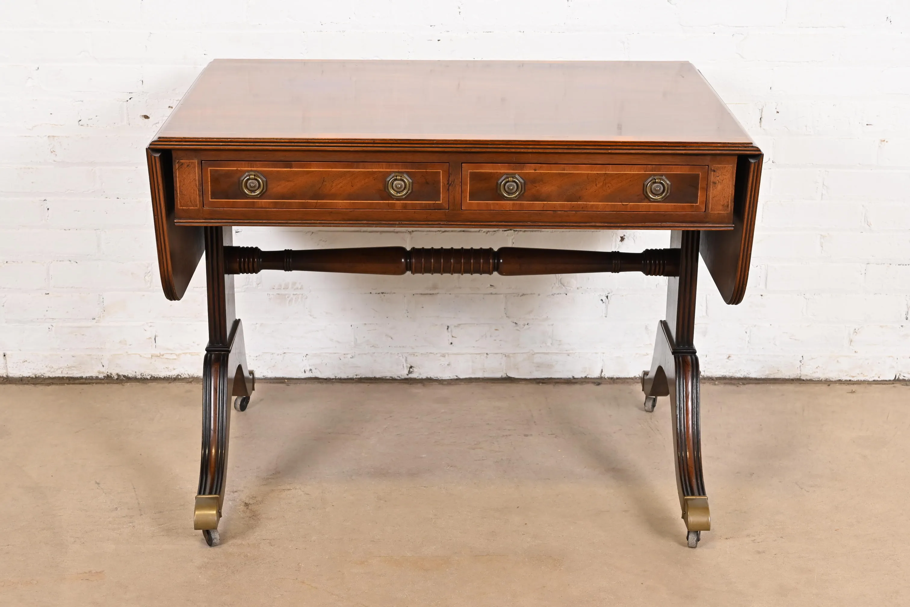 Baker Furniture English Regency Banded Mahogany Writing Desk or Console Table, Circa 1940s - Image 4
