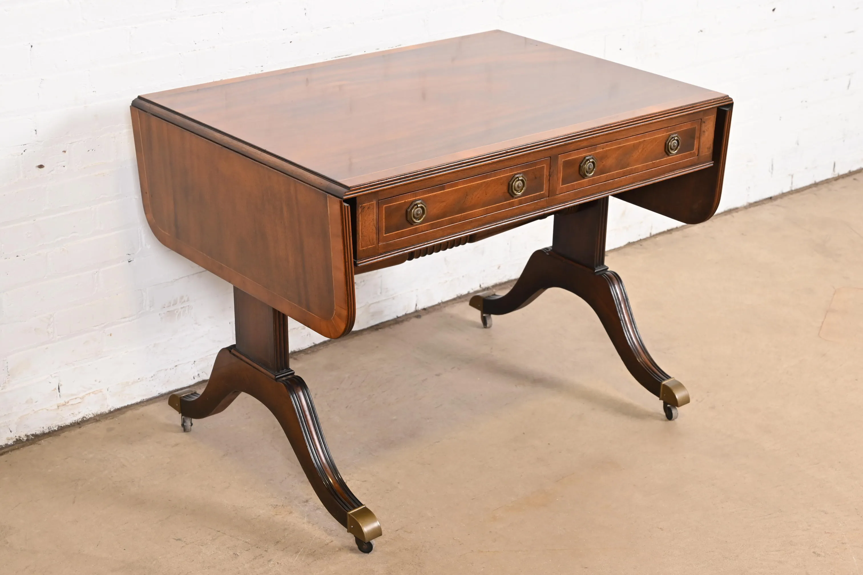 Baker Furniture English Regency Banded Mahogany Writing Desk or Console Table, Circa 1940s - Image 2
