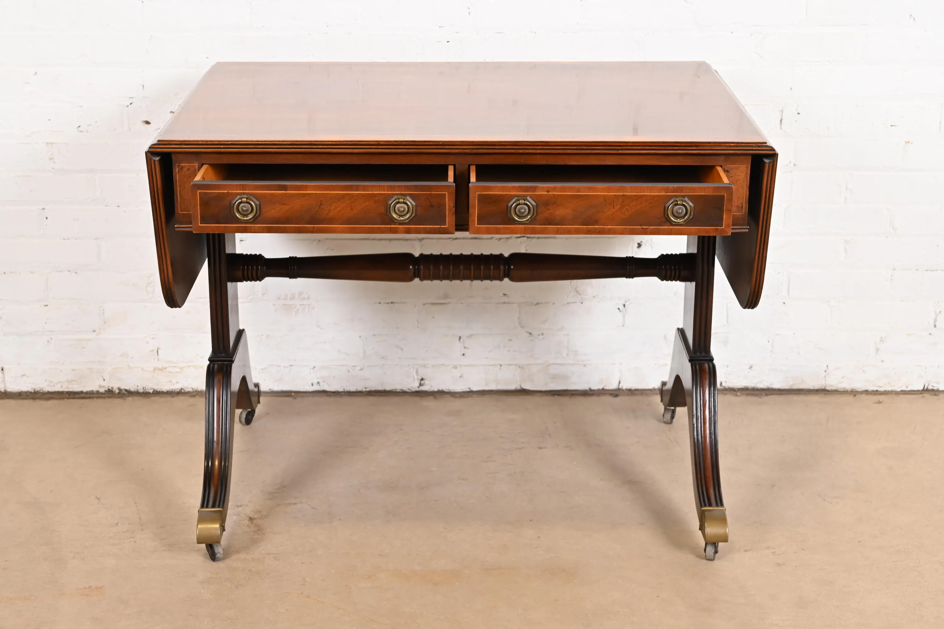 Baker Furniture English Regency Banded Mahogany Writing Desk or Console Table, Circa 1940s - Image 5