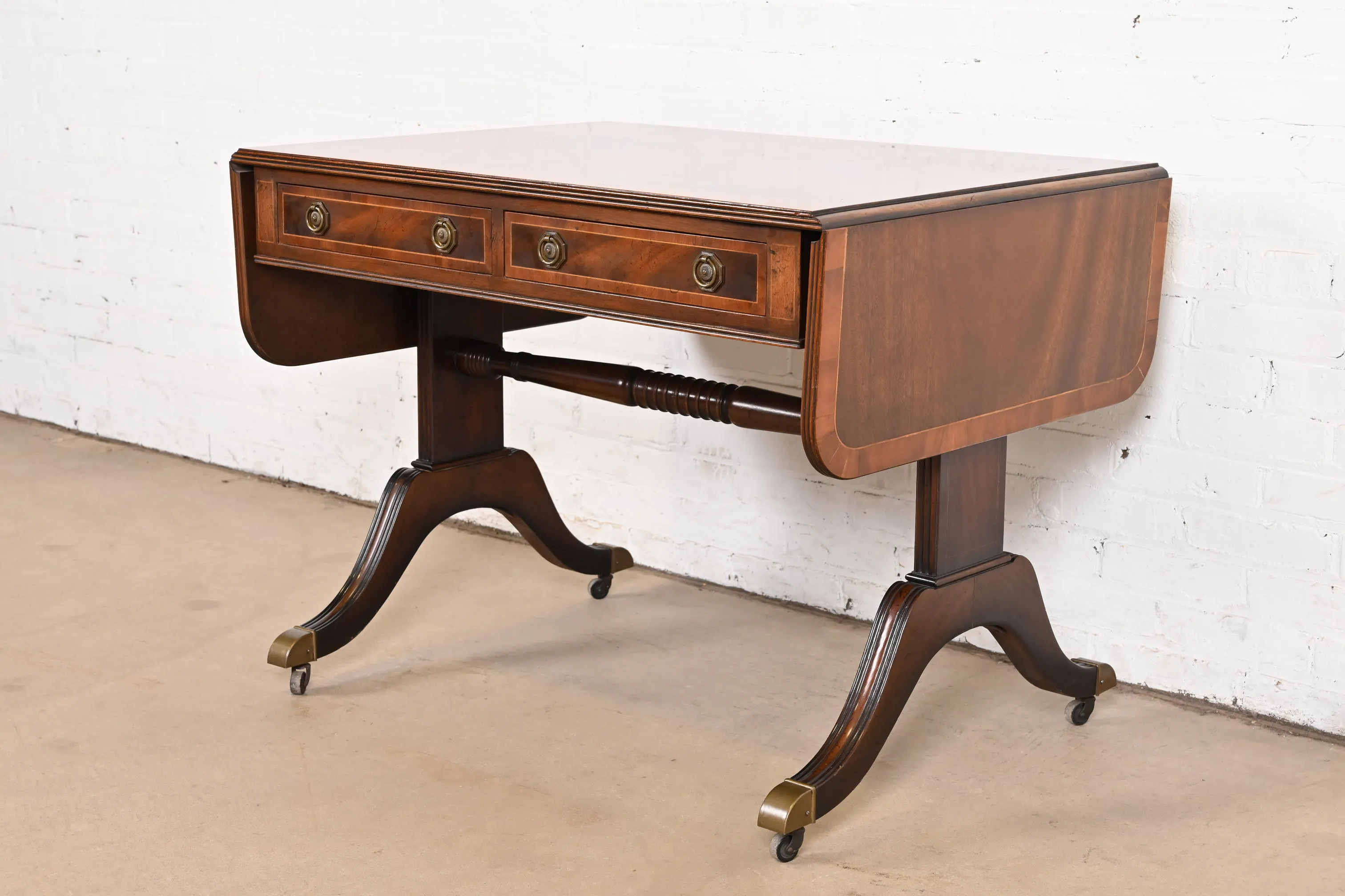 Baker Furniture English Regency Banded Mahogany Writing Desk or Console Table, Circa 1940s