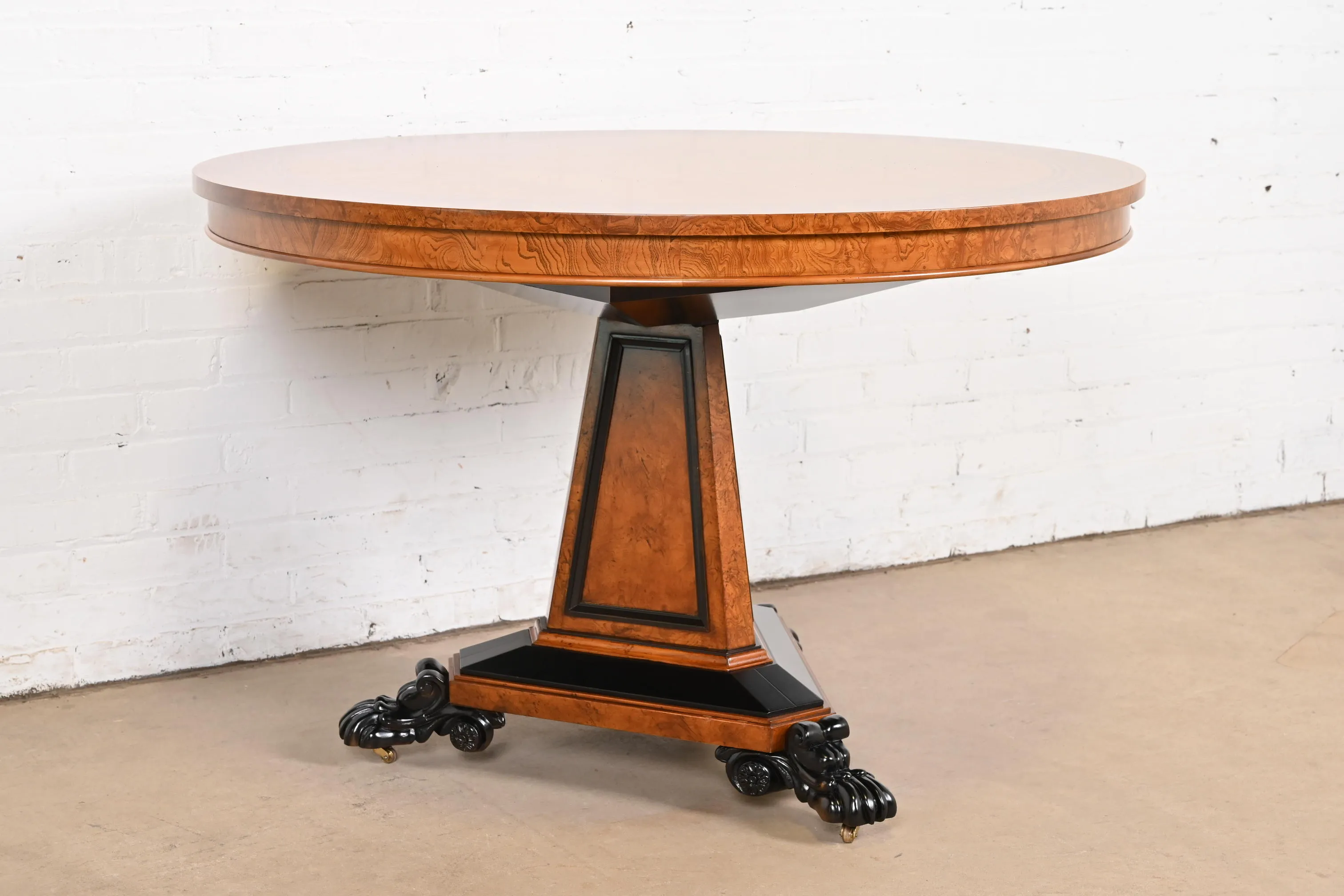 Baker Furniture Stately Homes Collection Burl Wood and Parcel Ebonized Regency Center Table, Restored - Image 3