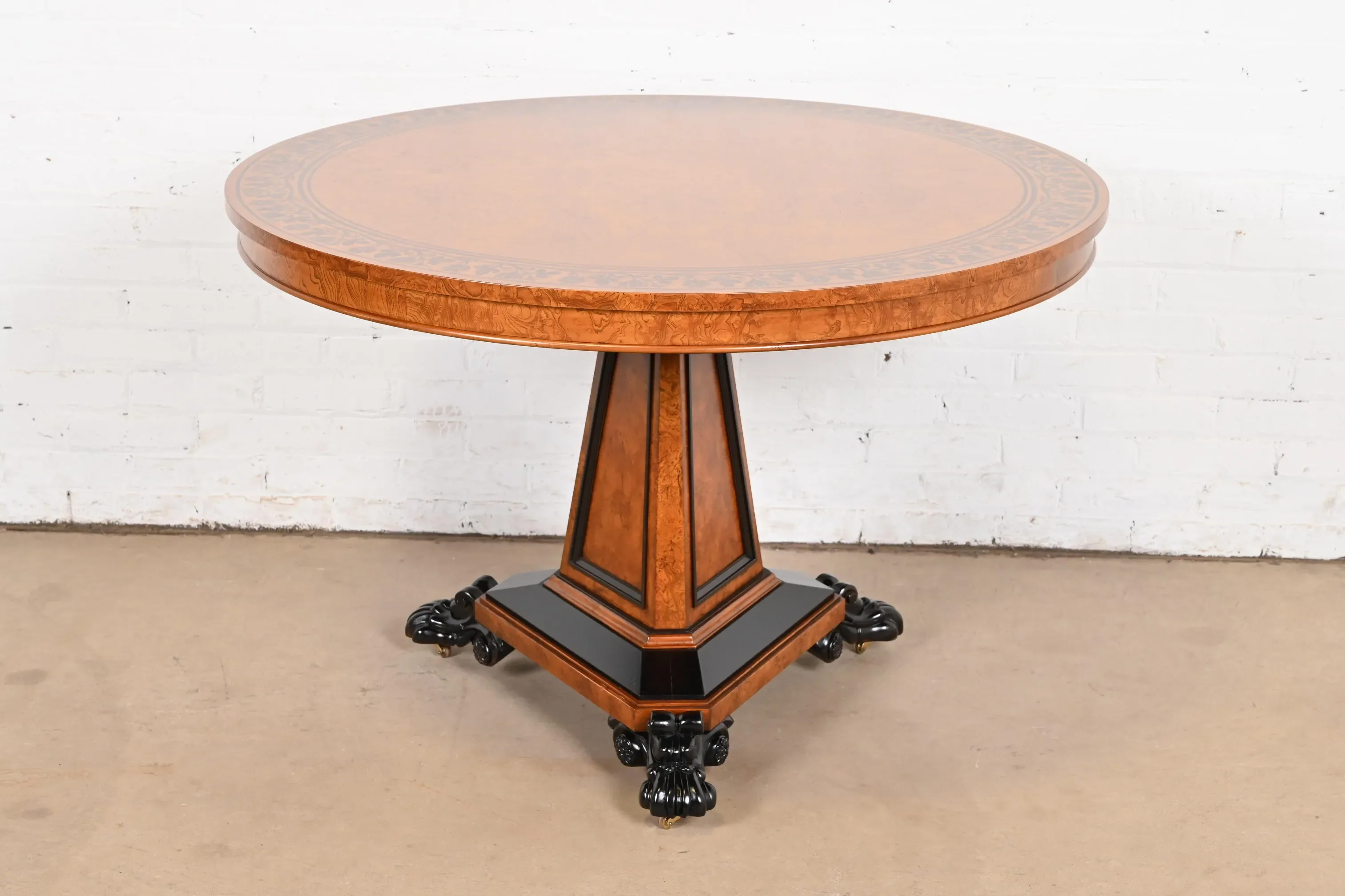 Baker Furniture Stately Homes Collection Burl Wood and Parcel Ebonized Regency Center Table, Restored
