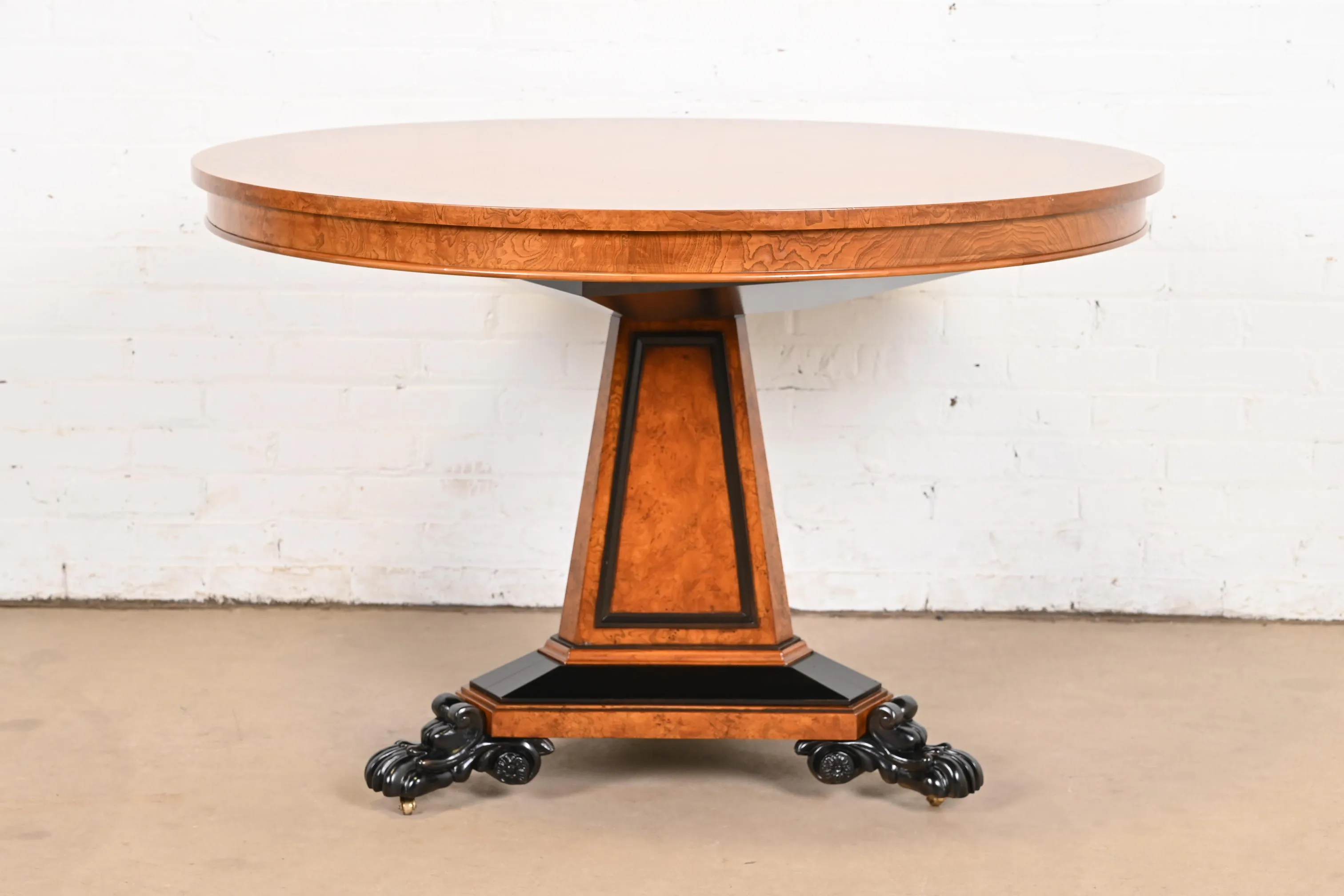 Baker Furniture Stately Homes Collection Burl Wood and Parcel Ebonized Regency Center Table, Restored - Image 10