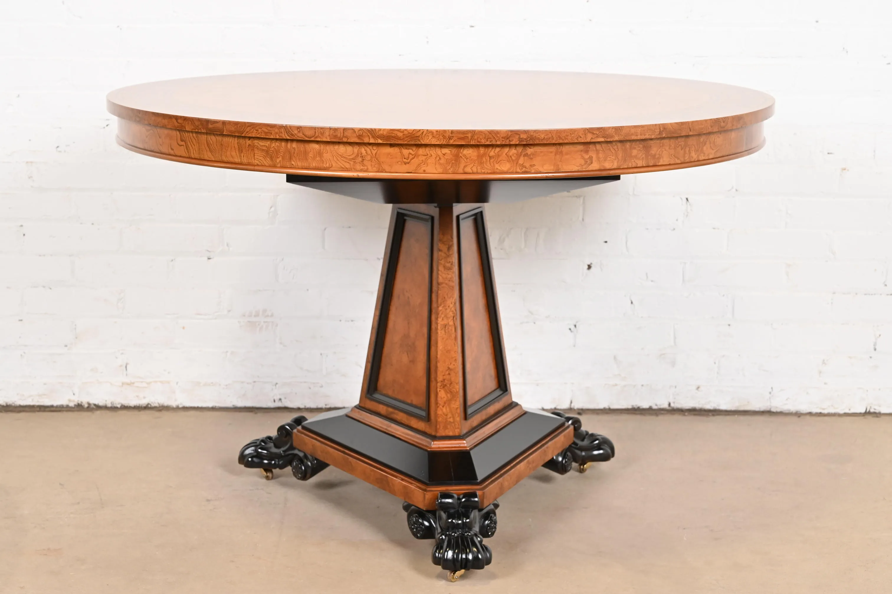 Baker Furniture Stately Homes Collection Burl Wood and Parcel Ebonized Regency Center Table, Restored - Image 2