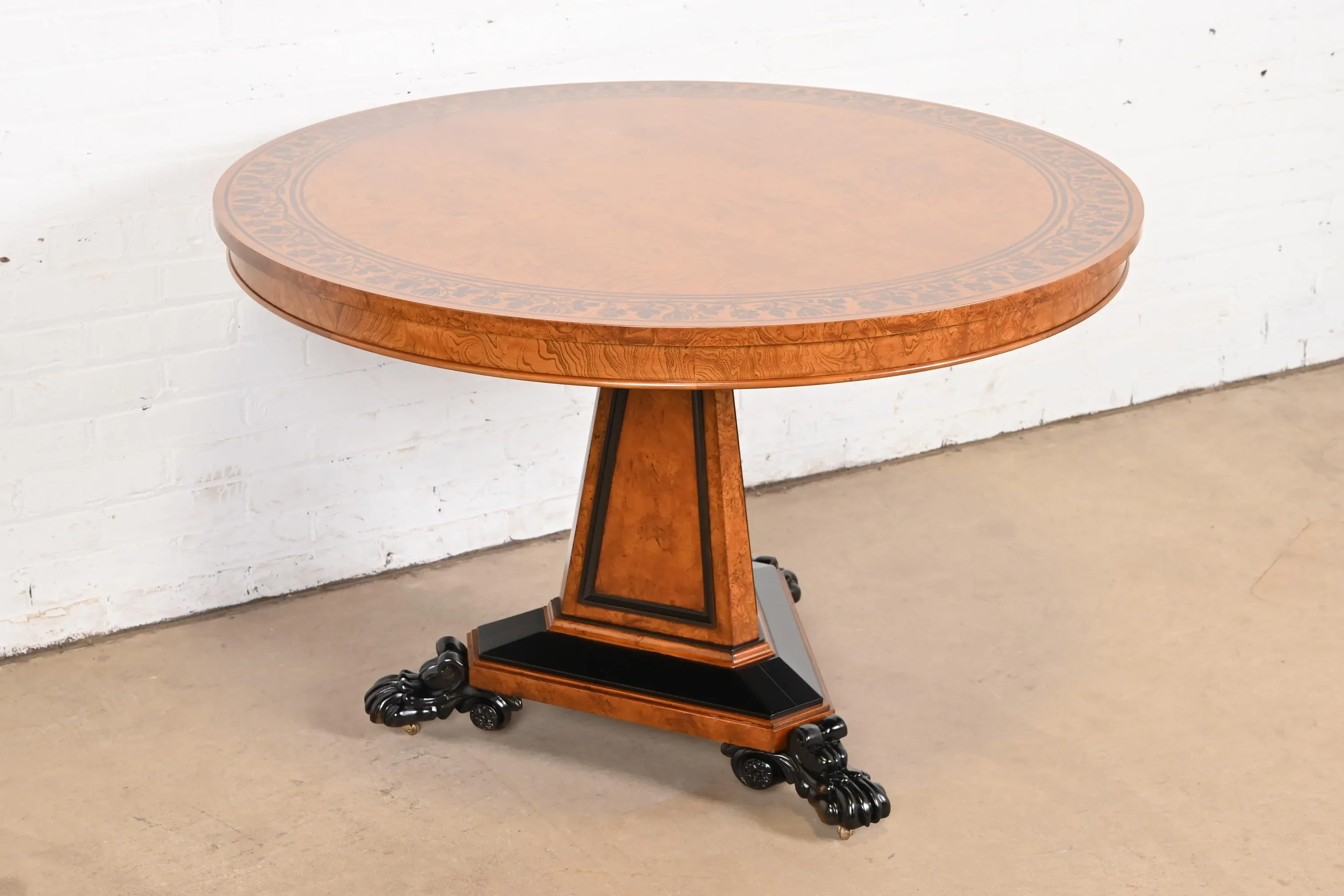 Baker Furniture Stately Homes Collection Burl Wood and Parcel Ebonized Regency Center Table, Restored - Image 4