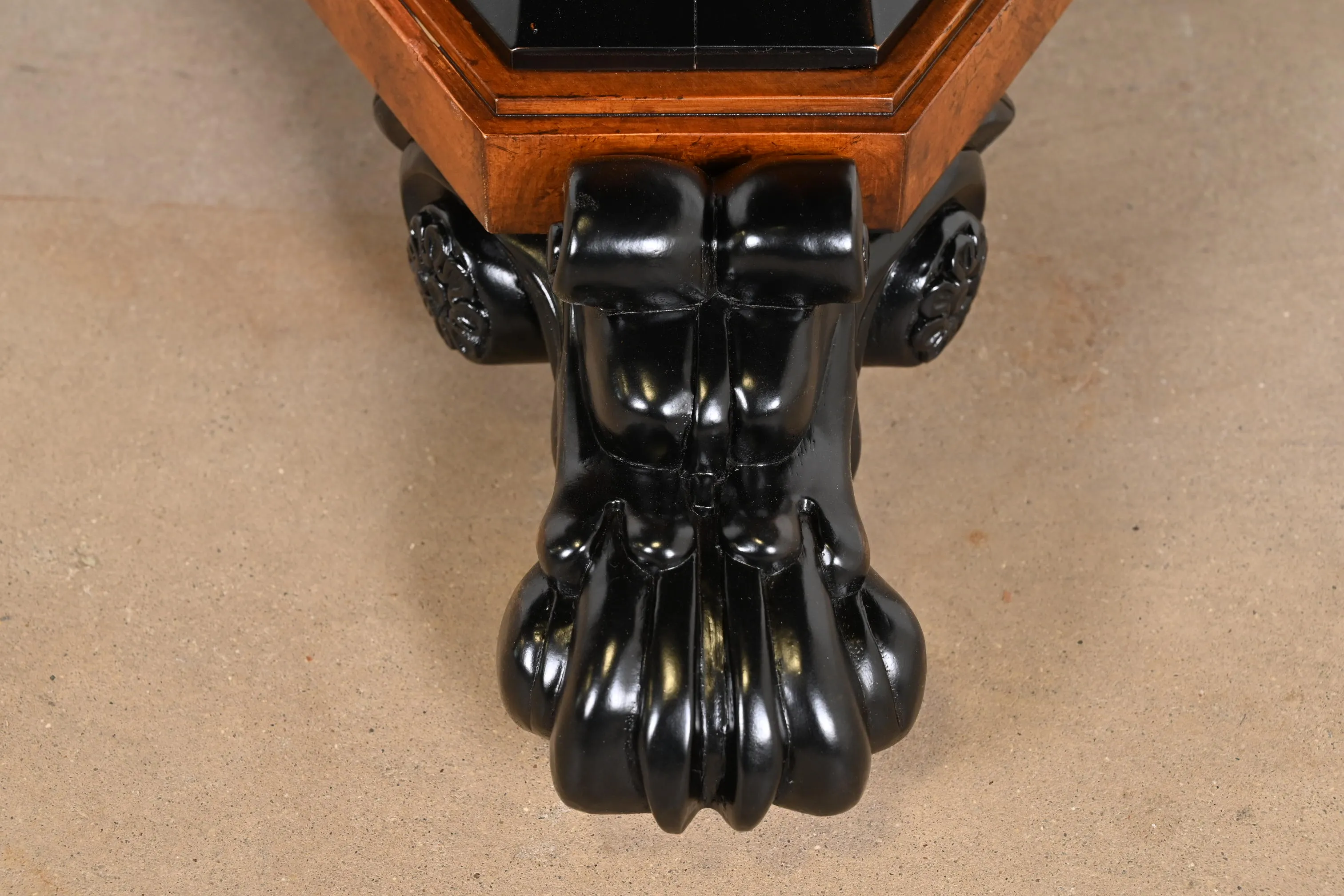 Baker Furniture Stately Homes Collection Burl Wood and Parcel Ebonized Regency Center Table, Restored - Image 9