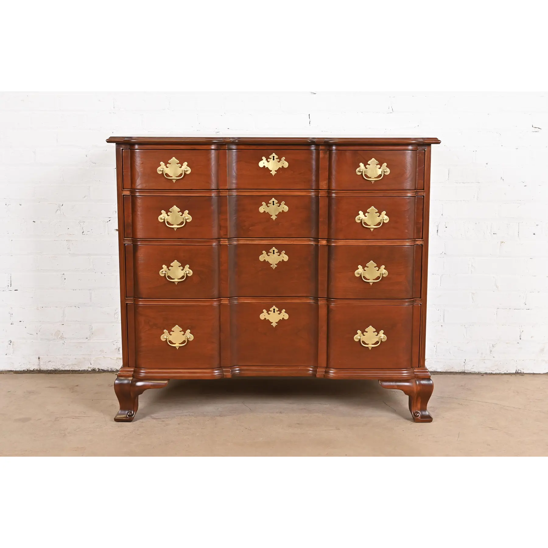 Kindel Furniture Georgian Carved Solid Mahogany Block Front Chest of Drawers, Newly Refinished