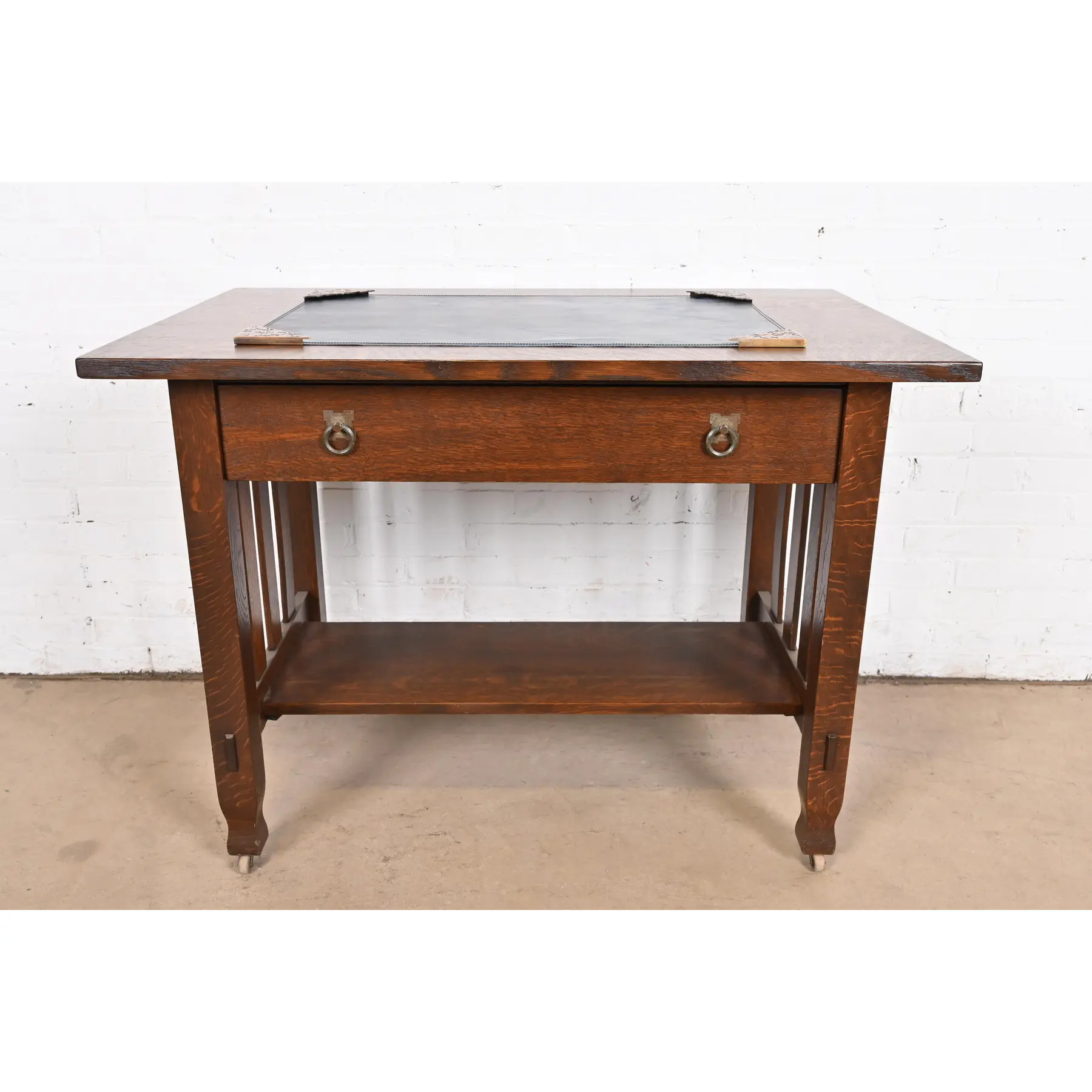 Marshall Field & Co. Antique Floral Ivy Bronze Blotter Corners With Leather Desk Blotter, Circa 1910 - Image 9