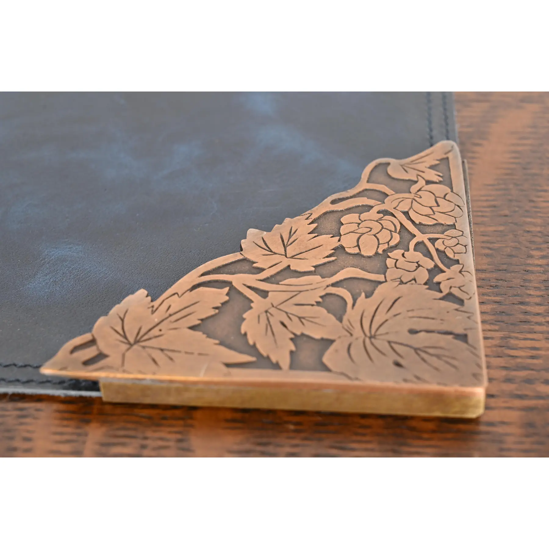 Marshall Field & Co. Antique Floral Ivy Bronze Blotter Corners With Leather Desk Blotter, Circa 1910 - Image 6