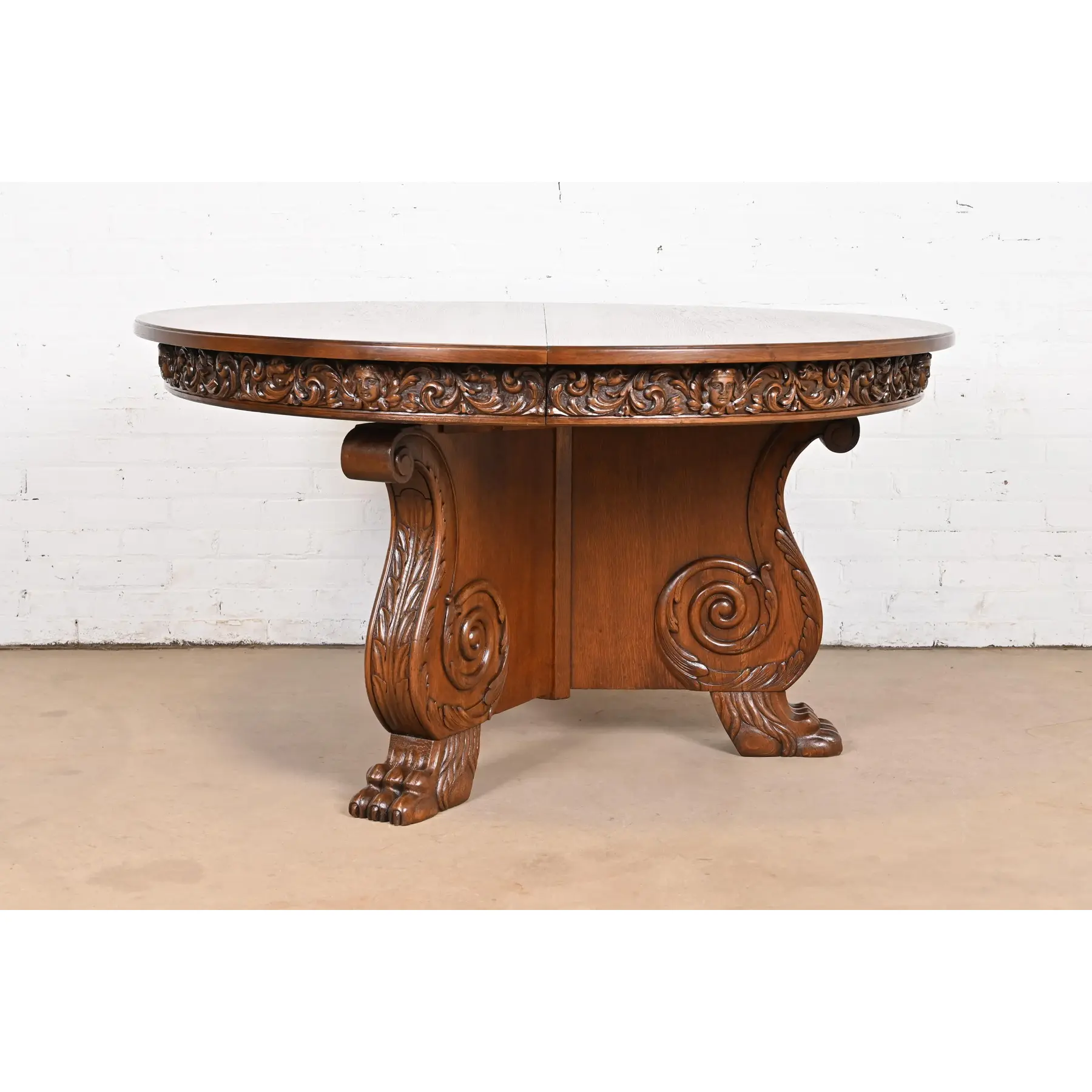 R. J. Horner Antique Victorian Carved Oak Pedestal Extension Dining Table, Newly Restored - Image 4